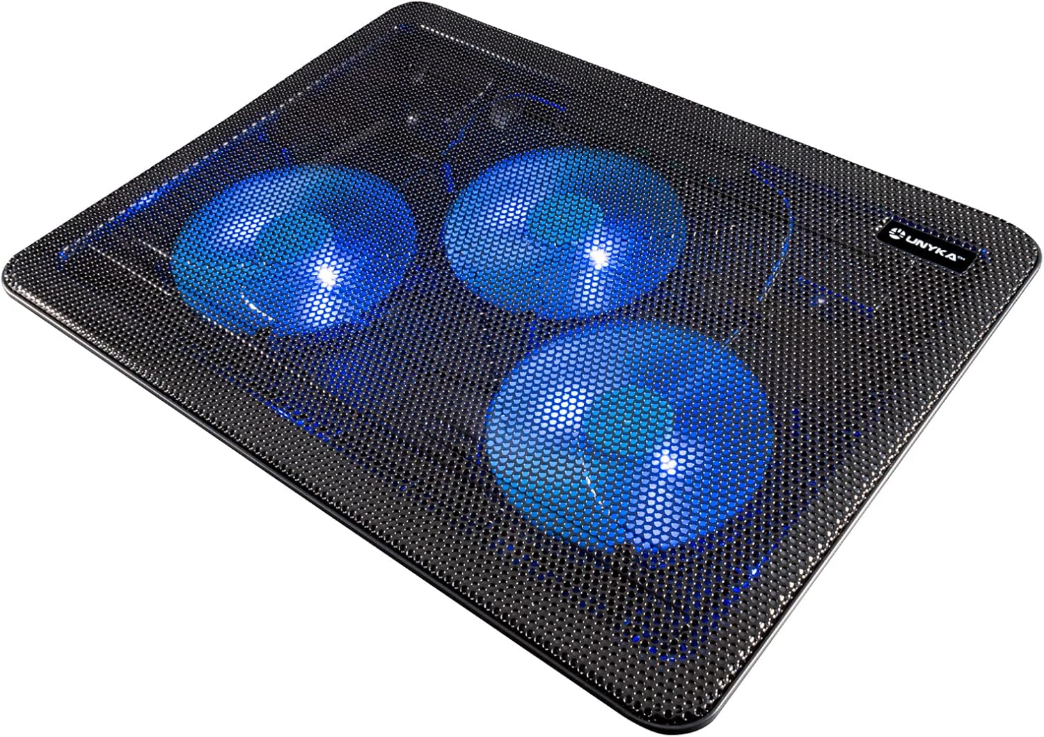 UNYKAch Base Refrigeración Portátil 15″6 Candy C300 con Tres Ventiladores LED Azules. Pies Plegables para Elevar La Superficie y 2 Puertos USB. Superficie de Rejilla Metálica