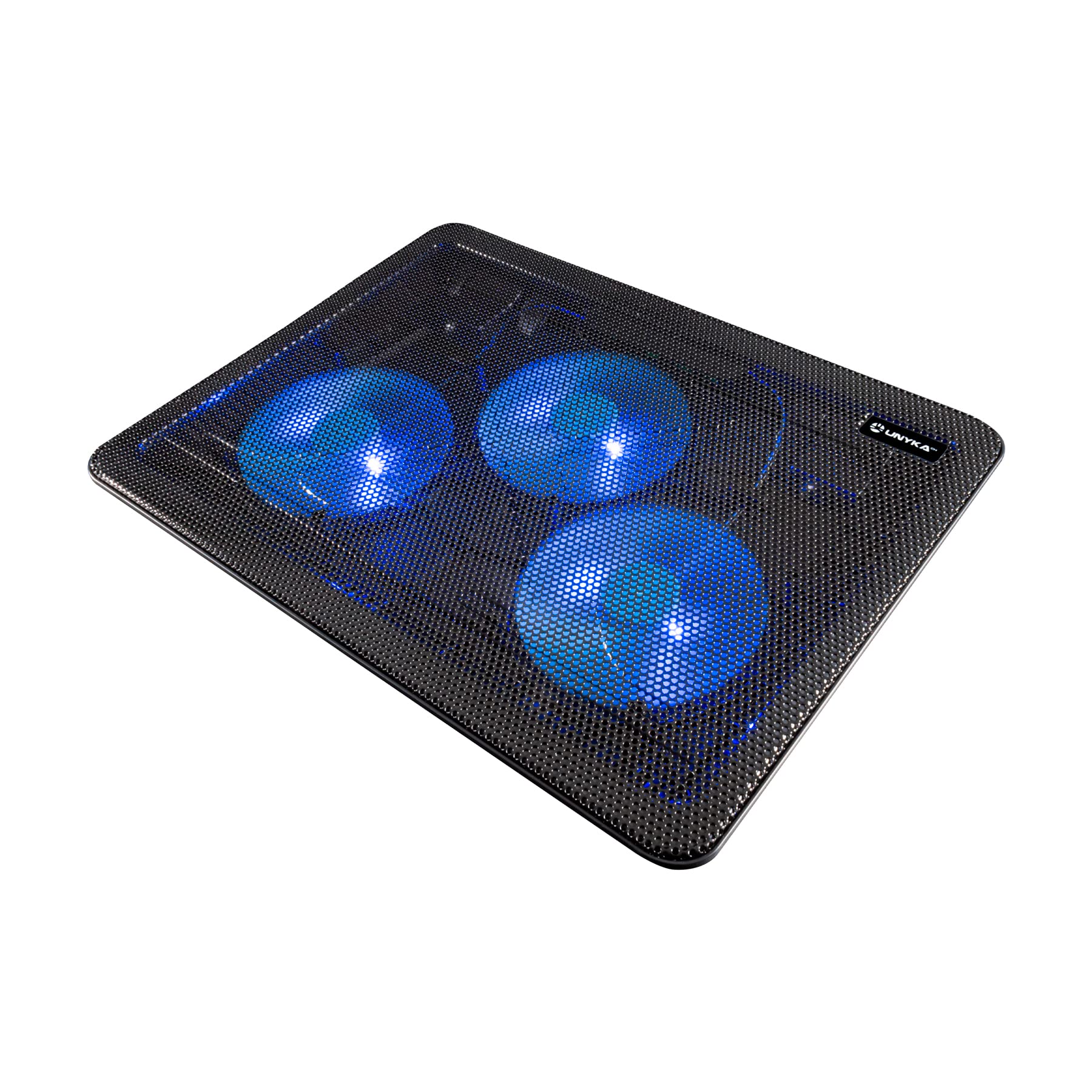 UNYKAch Candy C300 – Base de Refrigeración Portátil para Portátiles hasta 15,​6" | Tres Ventiladores Silenciosos LED Azul, Rejilla Metálica, USB Extra, Diseño Ergonómico y Antideslizante | Negro