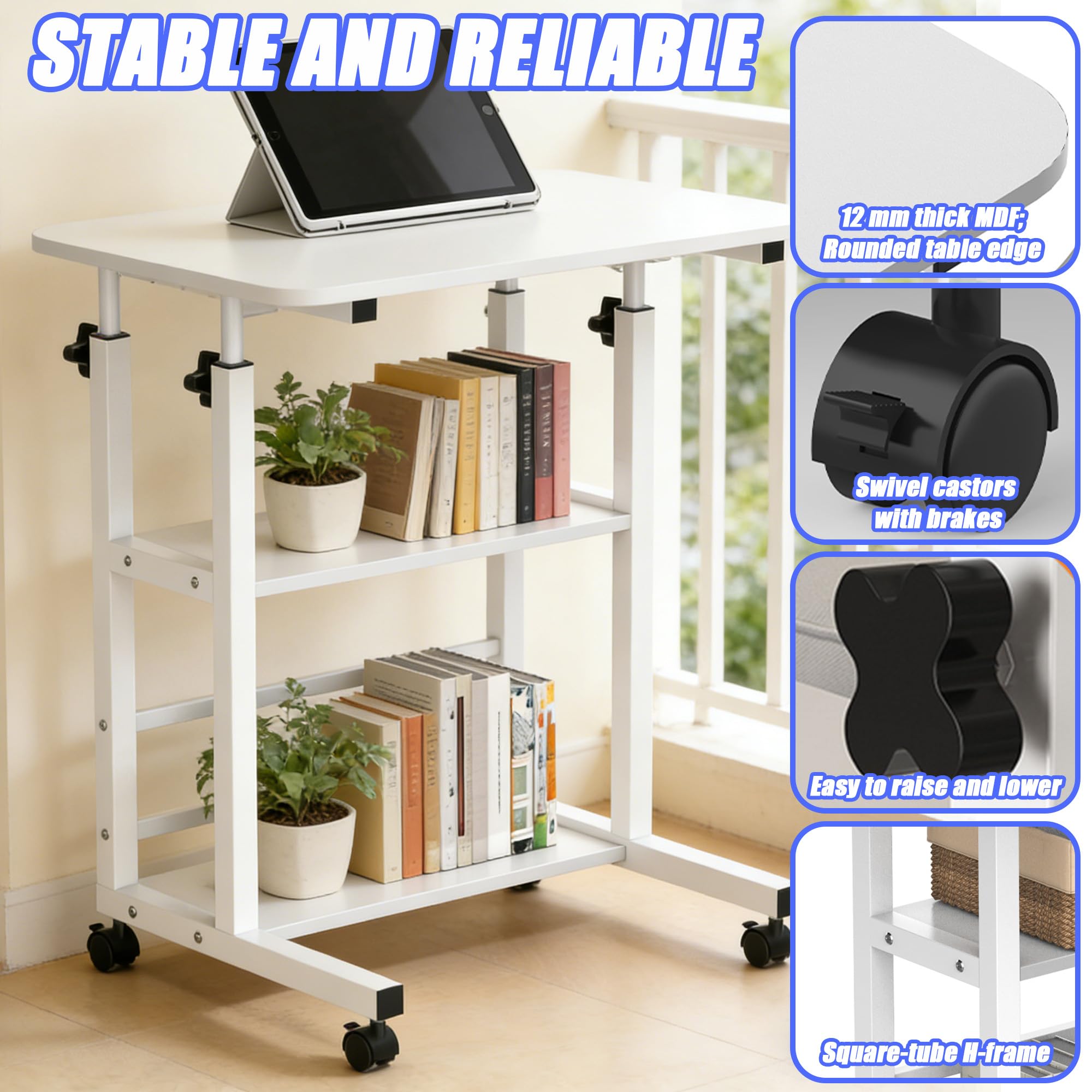 Verdego Escritorio de altura ajustable, mesa auxiliar con ruedas, 2 estantes, mesa de PC 40 x 60 x 56 – 82 cm, ahorra espacio, pequeña mesa portátil para ordenador para oficina en casa, sofá, cama