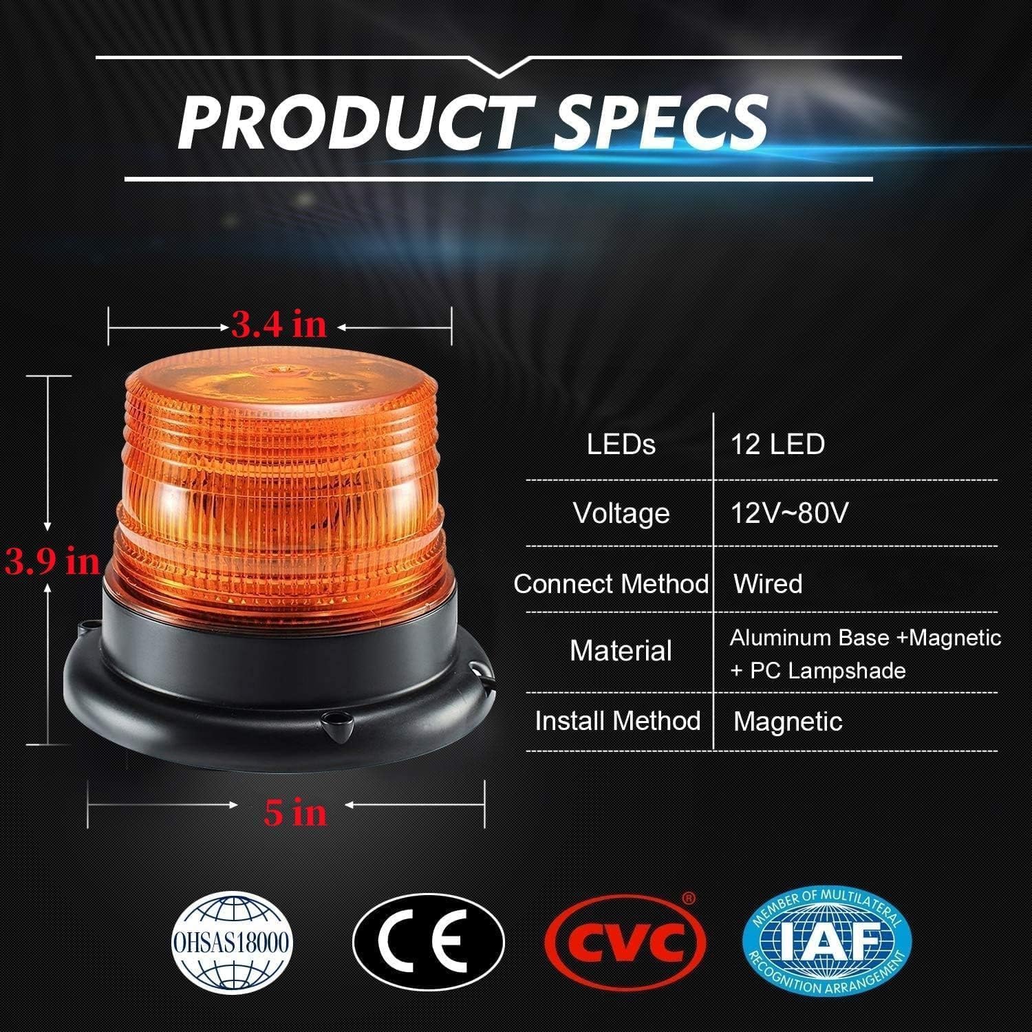 Dinfu LED Lampa Ostrzegawcza 12/24V - Magnetyczna Lampka na Dach do Samochodu, Wózka Widłowego, Traktora, Wózka Golfowego - Żółto-Pomarańczowa