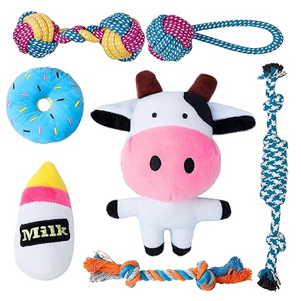 Toozey Dog Toys for Small Dogs, 7 Pack Small Dog Toys, Cute Plush Milk Cow Squeaky Dog Toys, Durable Puppy Chew Toys for Teething, Ropes Puppy Chew Toys, Non-Toxic and Safe