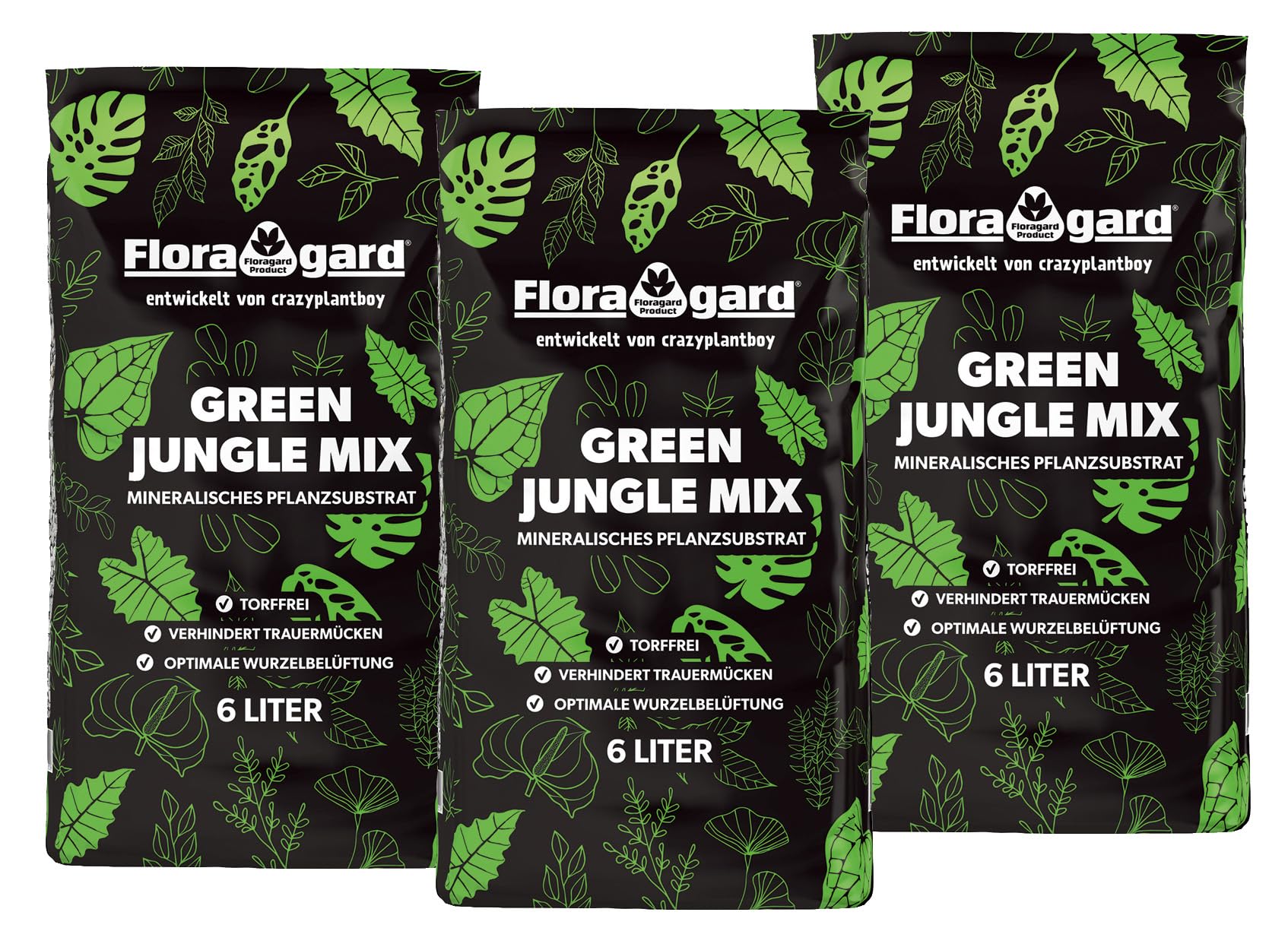 Floragard Green Jungle Mix 18 L (3×6 L) – mineralisches Pflanzsubstrat für Monstera, Philodendron – sorgt für optimale Drainage & gesundes Wurzelwachstum – ideal für anspruchsvolle Zimmerpflanzen