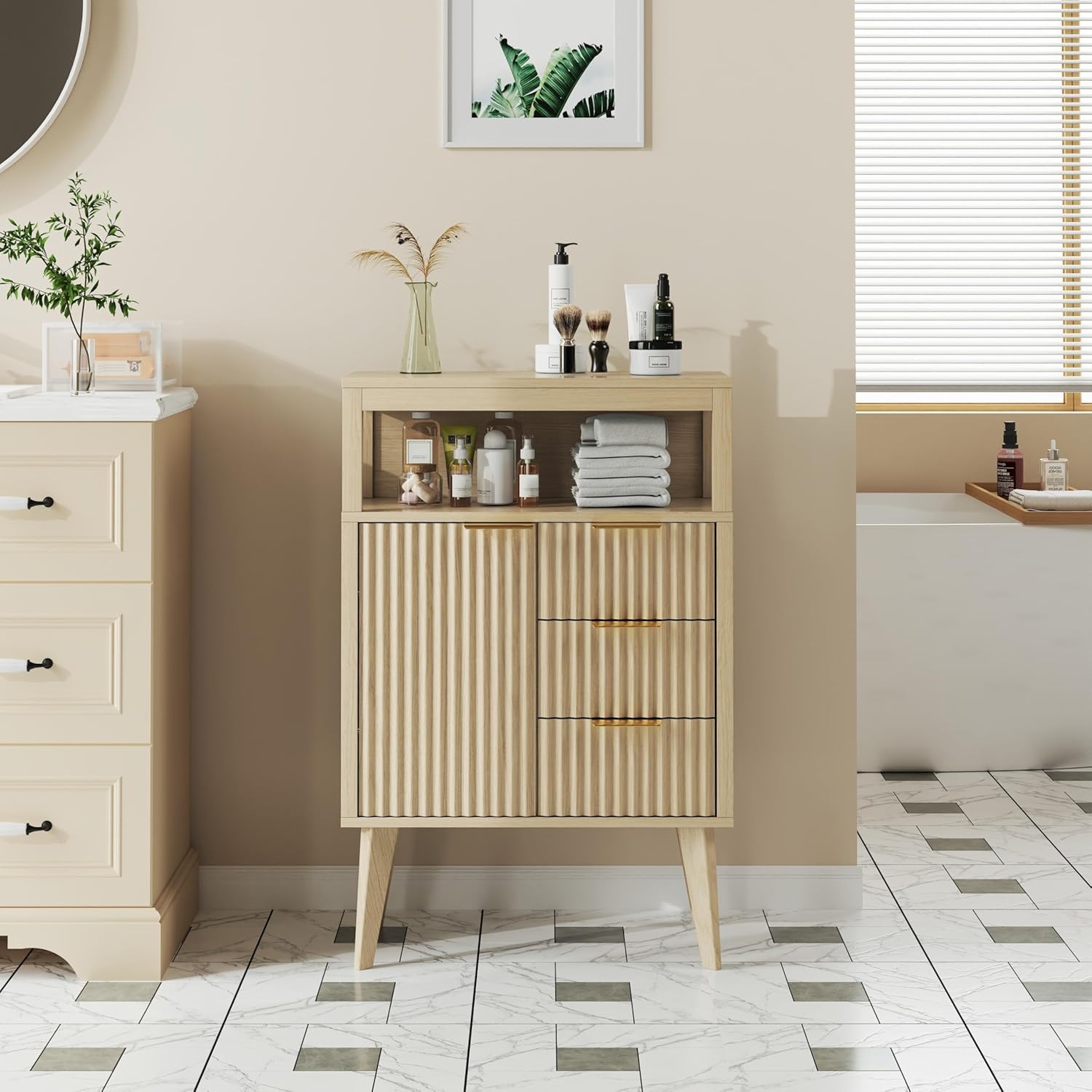 Natural Wood Bathroom Floor Cabinet with 3 Fluted Drawers & Door, Modern Storage Sideboard with Open Shelf, Coffee Bar Station for Living Room, Entryway, 23.6 x 11.8 x 34.6 Inches