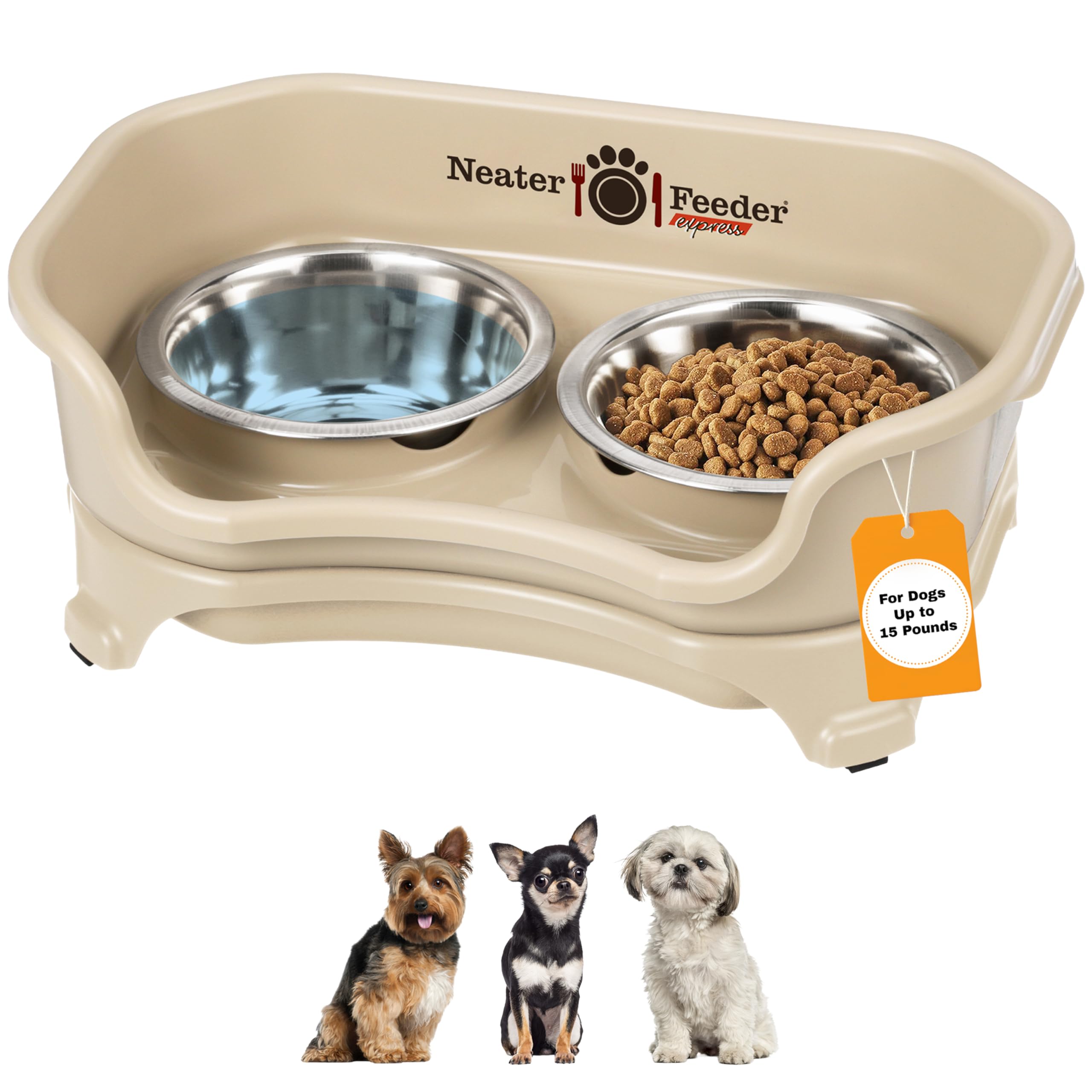 Neater Feeder Express Mess Proof Dog Bowls Elevated for Small Breeds Under 15 Lb, Made in USA, No Spill Raised Dog Food Bowl Stand, Stainless Steel Food and Water Bowl Set, Feeding Station, Almond
