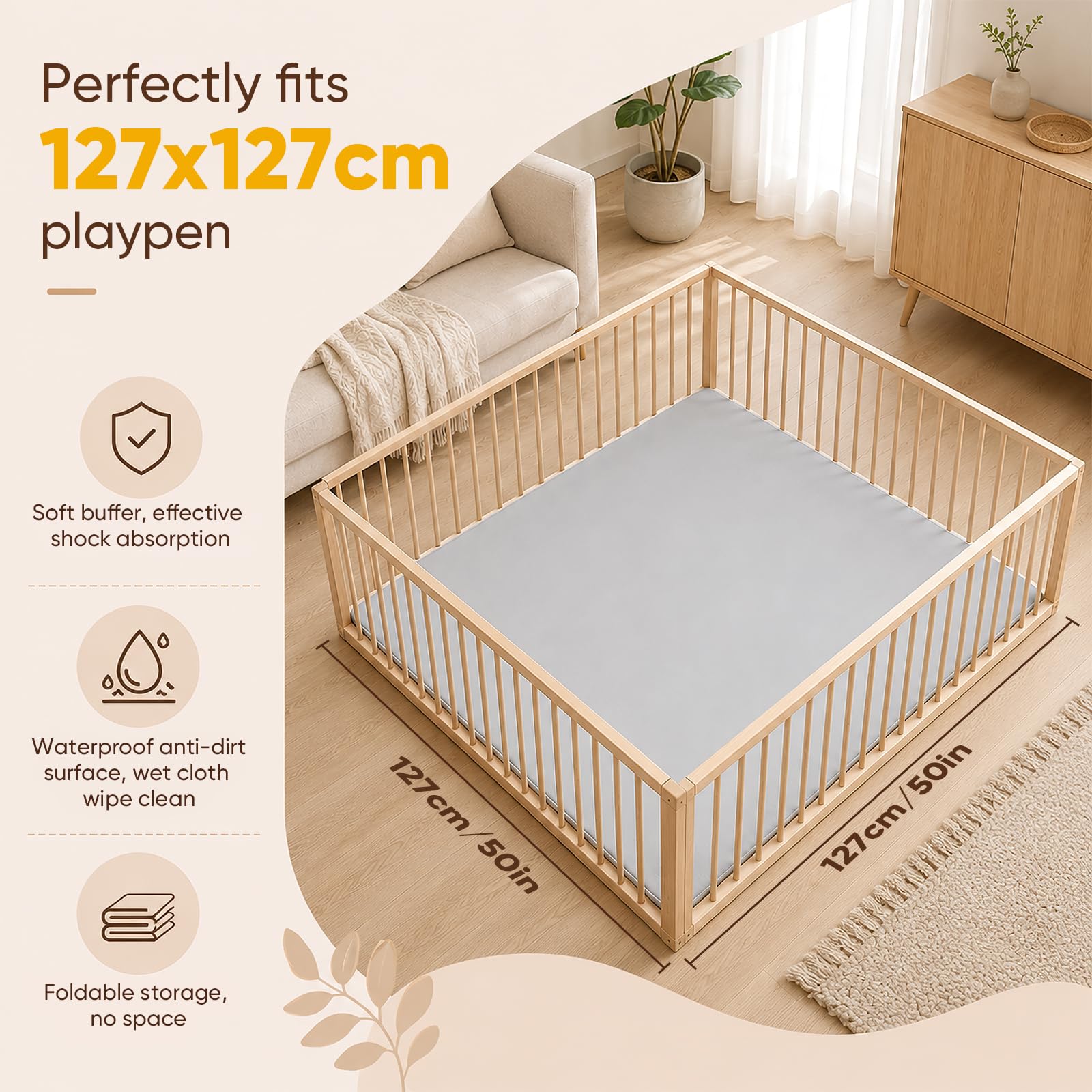 Tapis pour Enfants 127x127x3cm, Épais, Imperméable, Antidérapant, Pliable, Gris