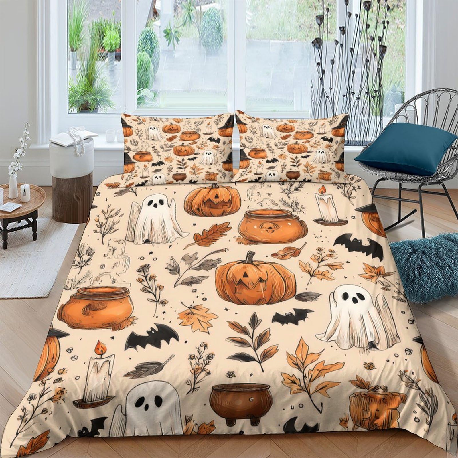 Ctjqhvkz Style-1 3D Printed Pumpkin Ghost Fitted Sheet Microfiber Soft Halloween Bed Cover For Bedroom Dorm Decor Protection Single（135X200cm）
