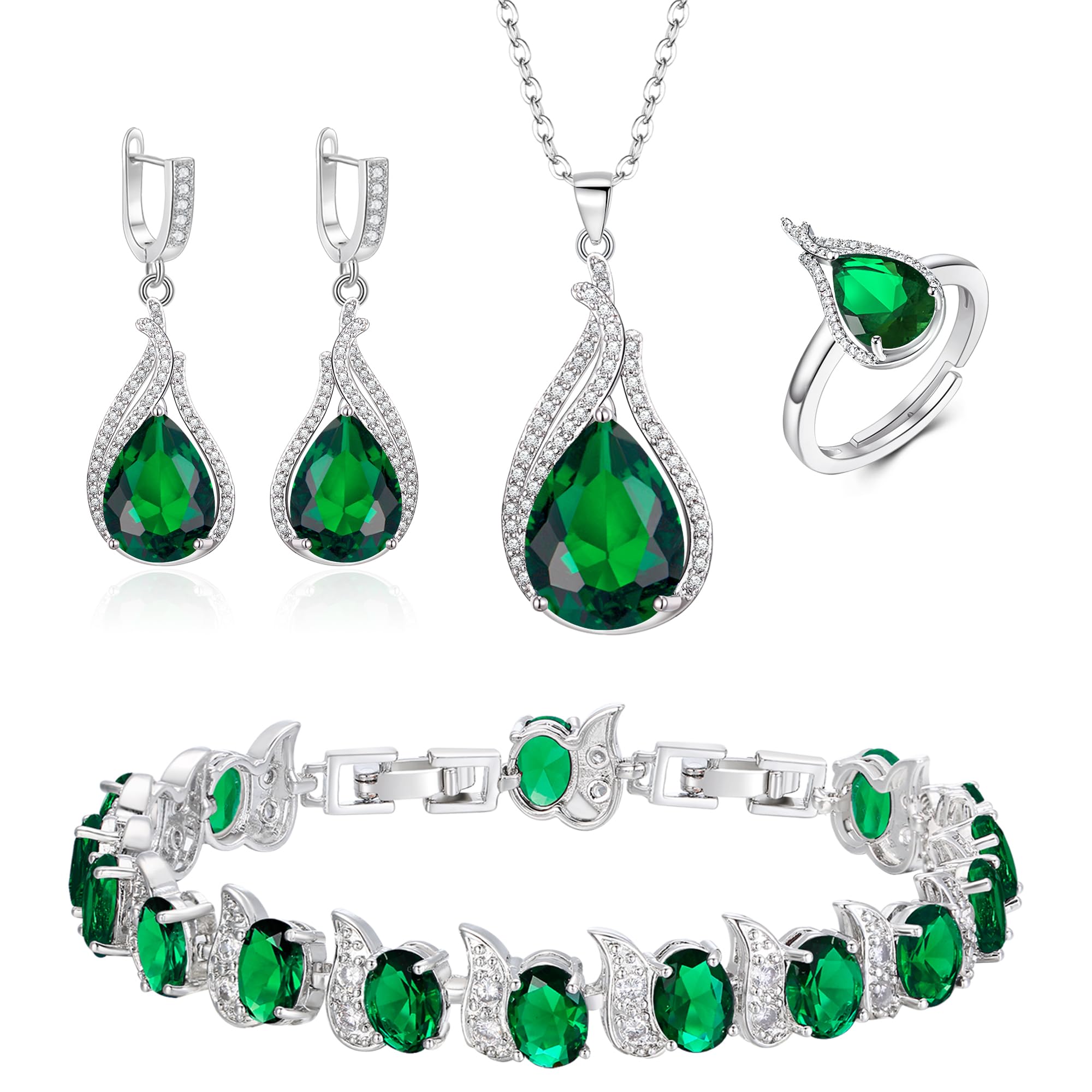 BriLove Jewelry Set for Bride, Sparkling Water Drop Cubic Zirconia Crystal Pendant Necklace Leverback Earrings Tennis Bracelet Adjustable Ring Gift