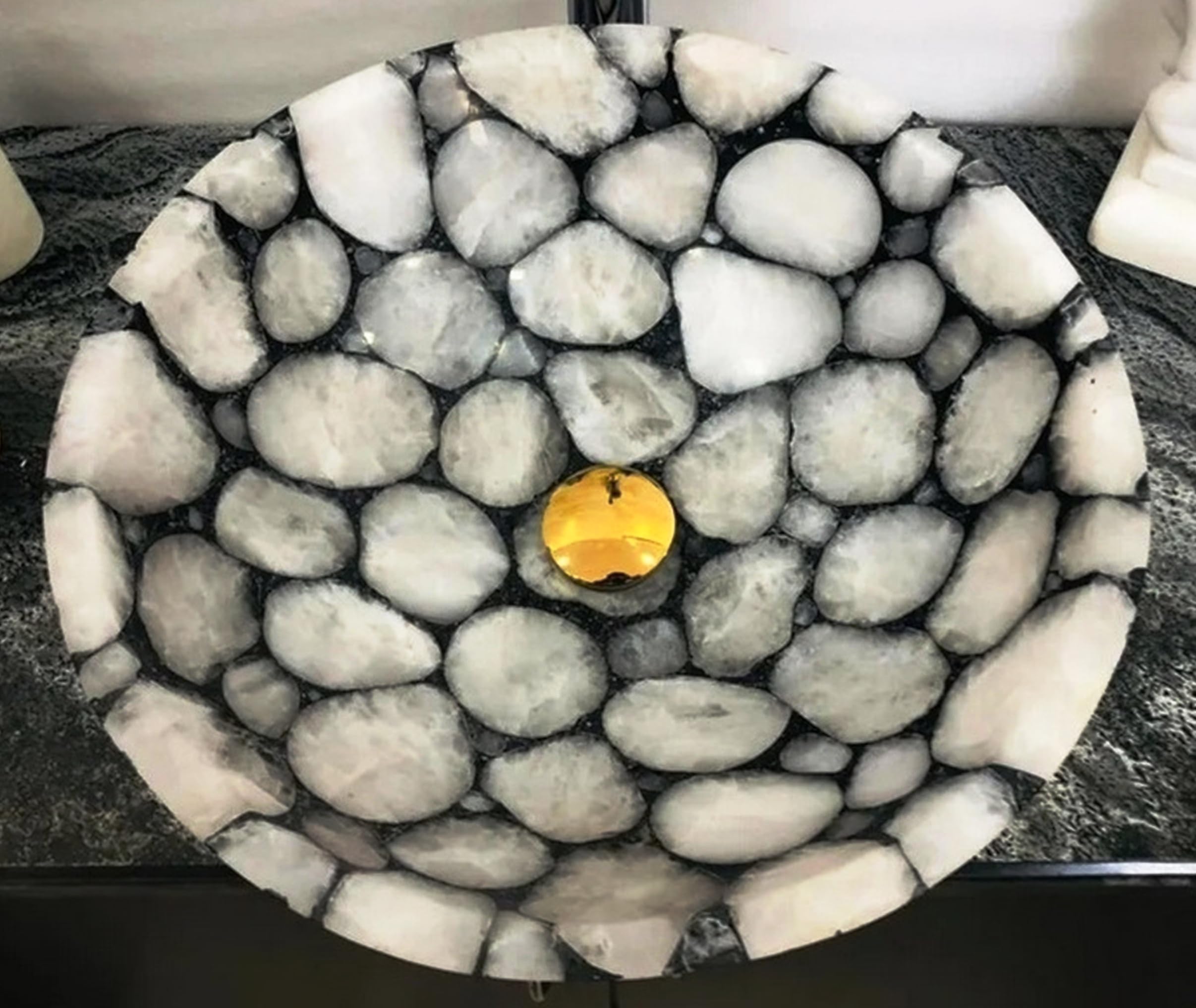 Fregadero de cuarzo blanco | 45,7 x 45,7 x 12,7 cm, hecho a mano, piedra natural, redondo, lavabo de baño, lavabo de cuarzo pulido, fregadero de cocina para decoración moderna