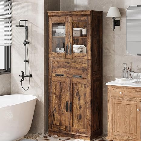 GAOMON 67" Tall Bathroom Cabinet with 4 Doors & Flip Glass Drawer, Storage Cabinet with Adjustable Shelves, Freestanding Organizer for Kitchen, Pantry, Living Room (Rustic Brown)