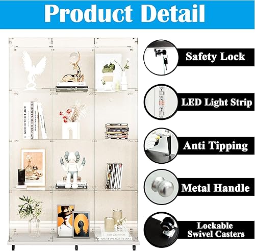 Miniatura 39 de Vitrina de cristal con 4 estantes con tira de luces LED y cerradura, vitrina de vitrina con ruedas y 1 puerta, vitrina de vidrio templado para sala