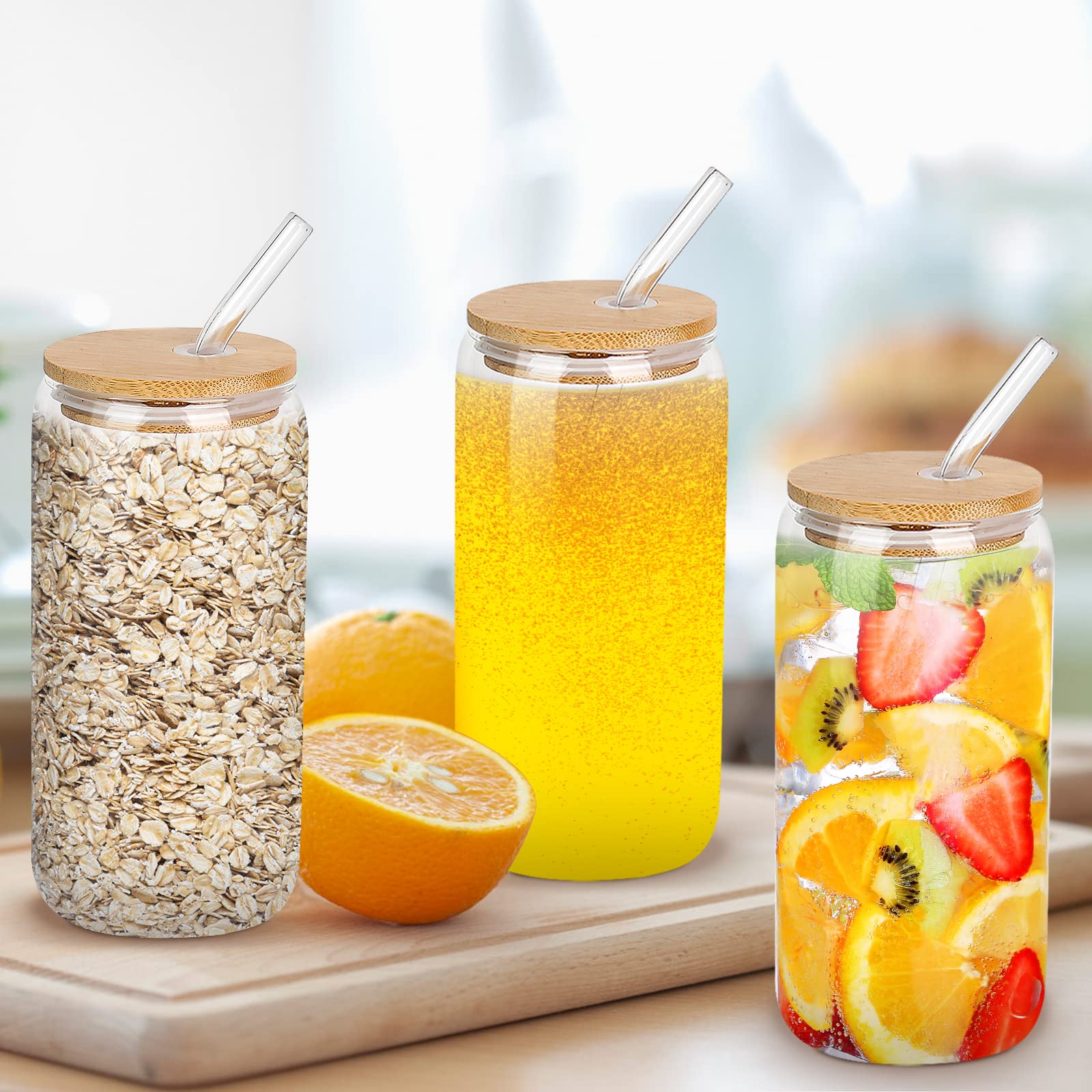 Lot De 6 Verres à Boire 500 Ml – Avec Couvercle En Bambou Et Paille En Verre, Réutilisables - 7