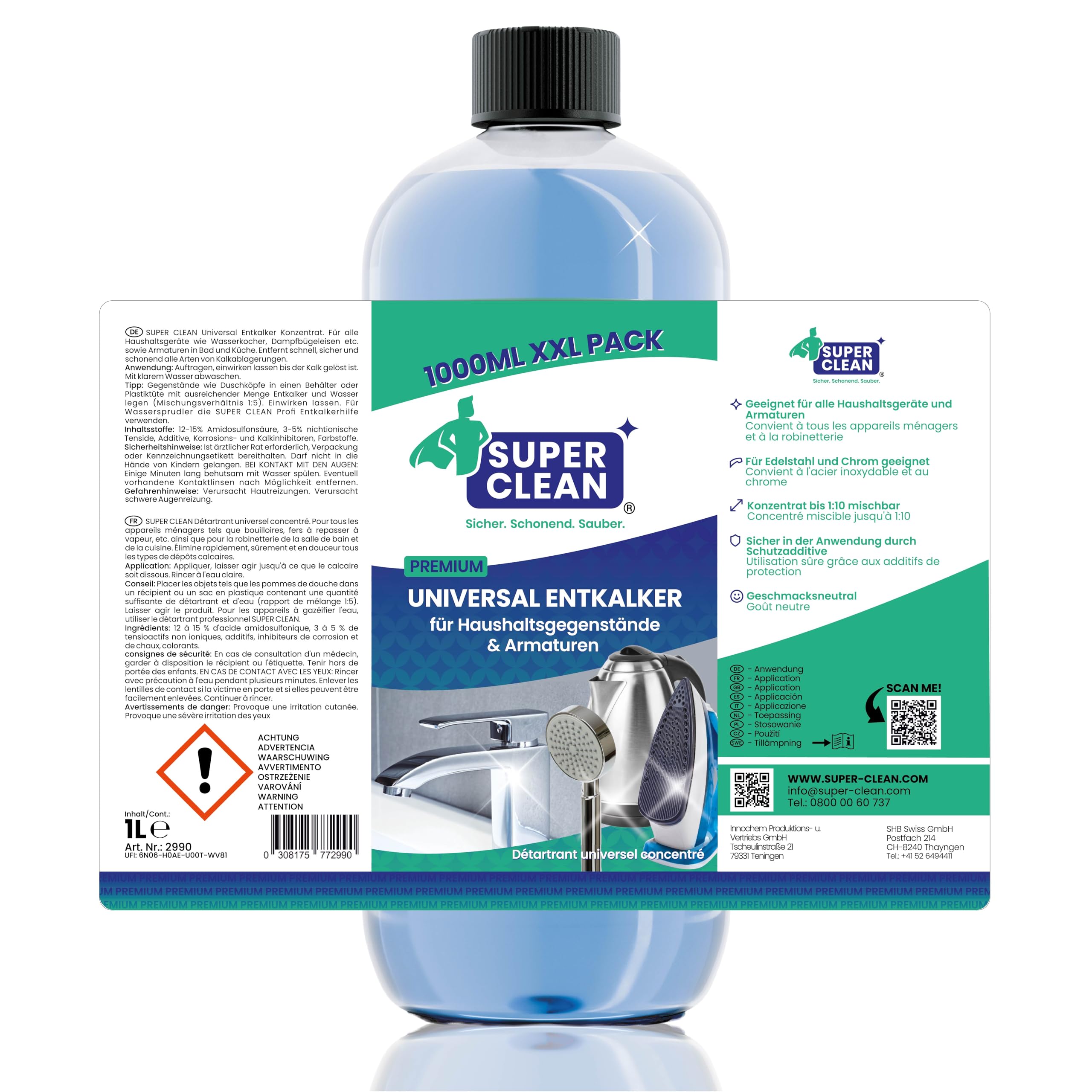 SUPER CLEAN Desincrustante universal líquido | 12 × 1 L | Potente y concentrado | Para hervidores, grifos, duchas, cabezales, baño y cocina | Biodegradable