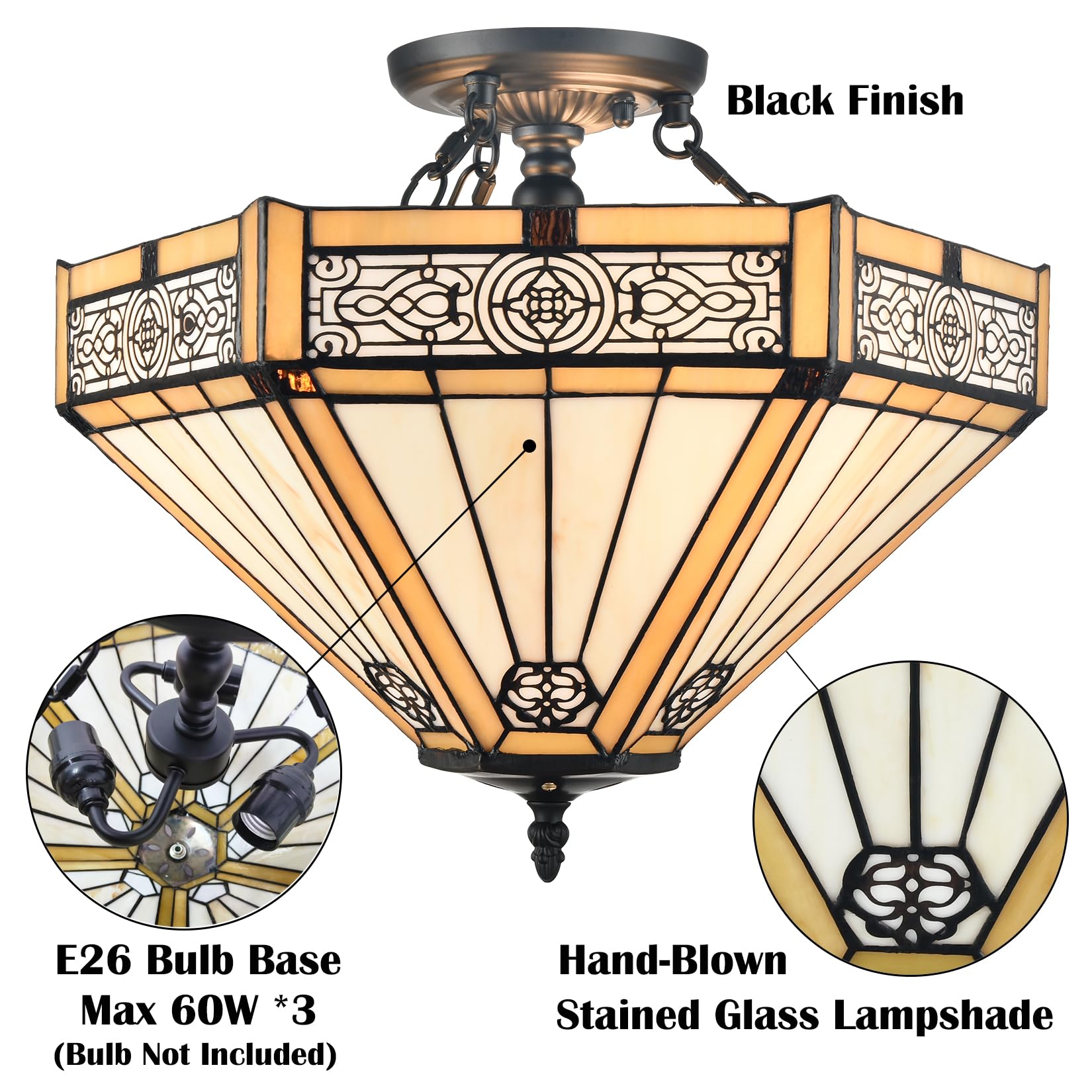 SAMTEEN Tiffany Style Semi Flush Mount Ceiling Light 3-Light