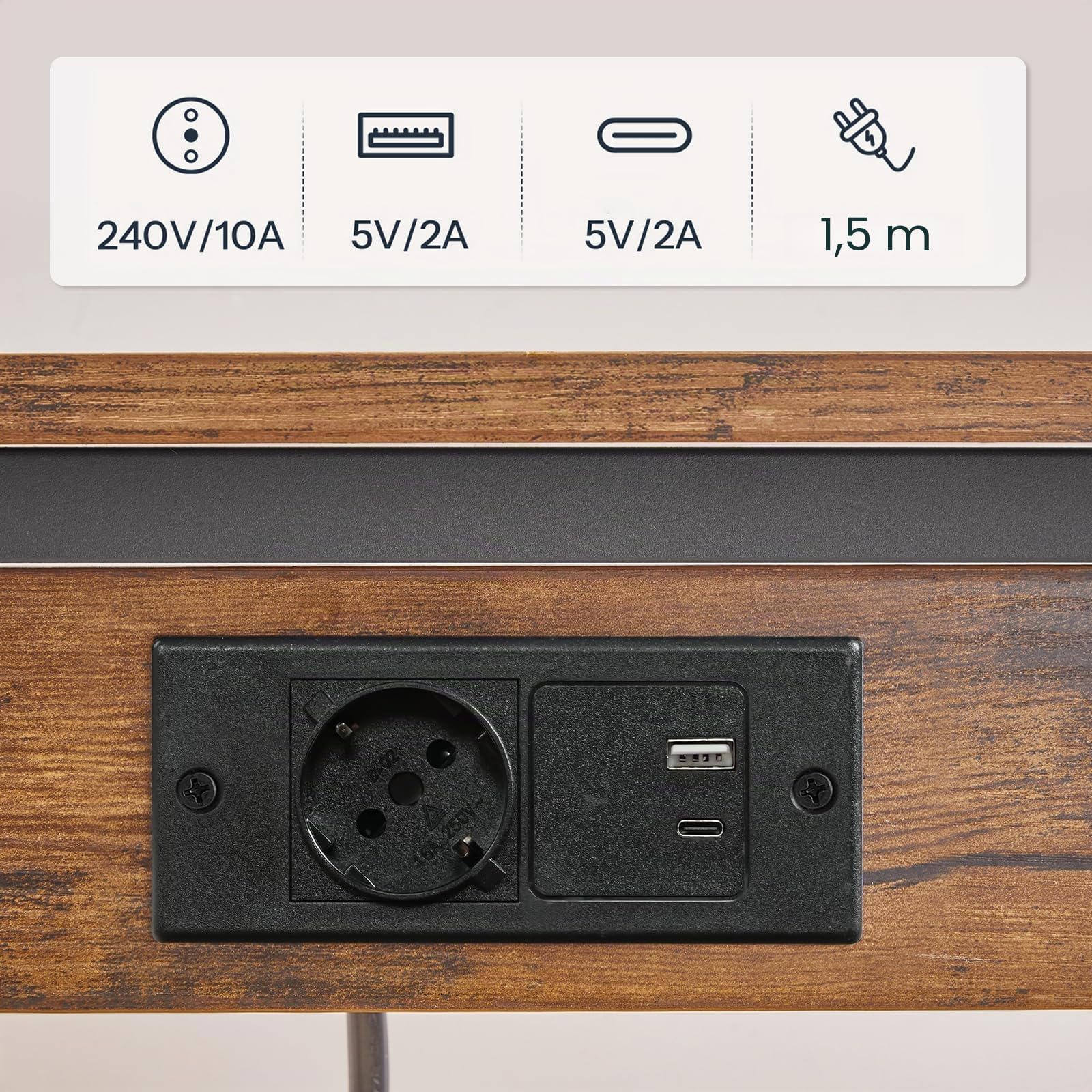 HOOBRO C-Form Beistelltisch mit Ladestation, höhenverstellbarer Beistelltisch mit Steckdose, Sofatisch, Couchtisch für Wohnzimmer, Schlafzimmer, Arbeitszimmer, Vintagebraun und Schwarz EBF71CSF01