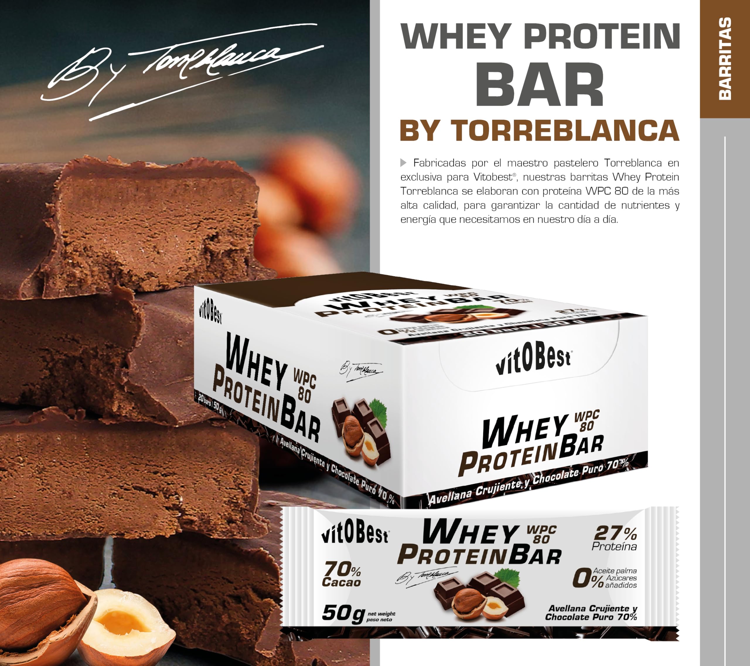 VITOBEST | Barritas Whey Protein Bar (by Torreblanca) | Contribuye a aumentar y conservar la masa muscula. Proteína WPC 80 | Sabor Avellana, Chocolate con leche - 20 barritas x (50 g)