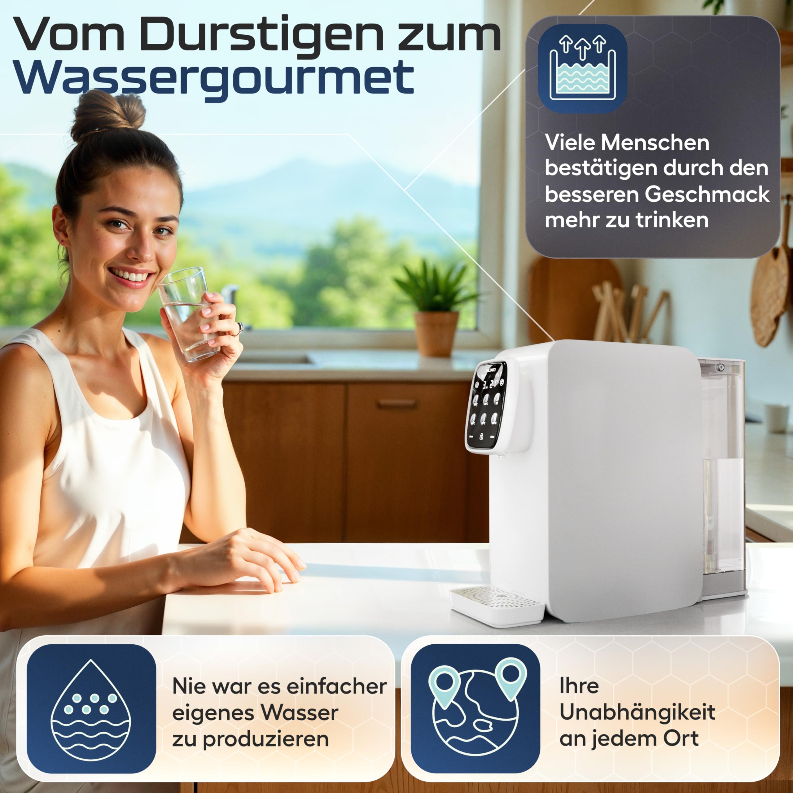 VILTARO® Osmoseanlage Trinkwasser [weiß, 5-stufiges Filtersystem, 6 Temperaturstufen, mobil ohne Wasseranschluss] | Umkehrosmoseanlage | Osmose Wasserfilter | Kalkfilter | Trinkwasserfilter