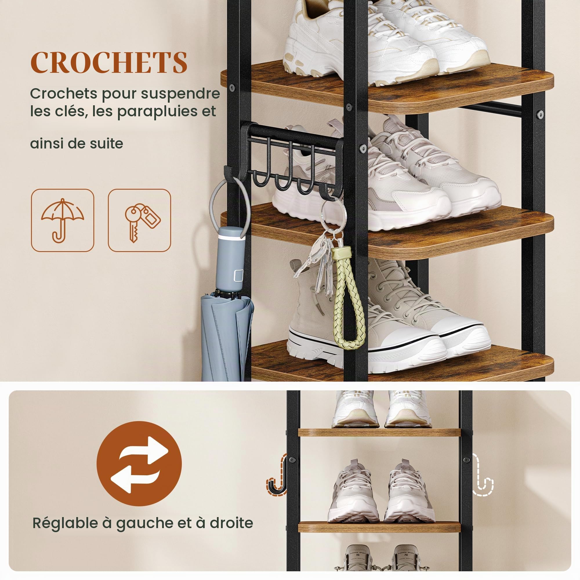 HEXCELEN 10 Niveaux Étagère à Chaussures, Brun Rustique et Noir