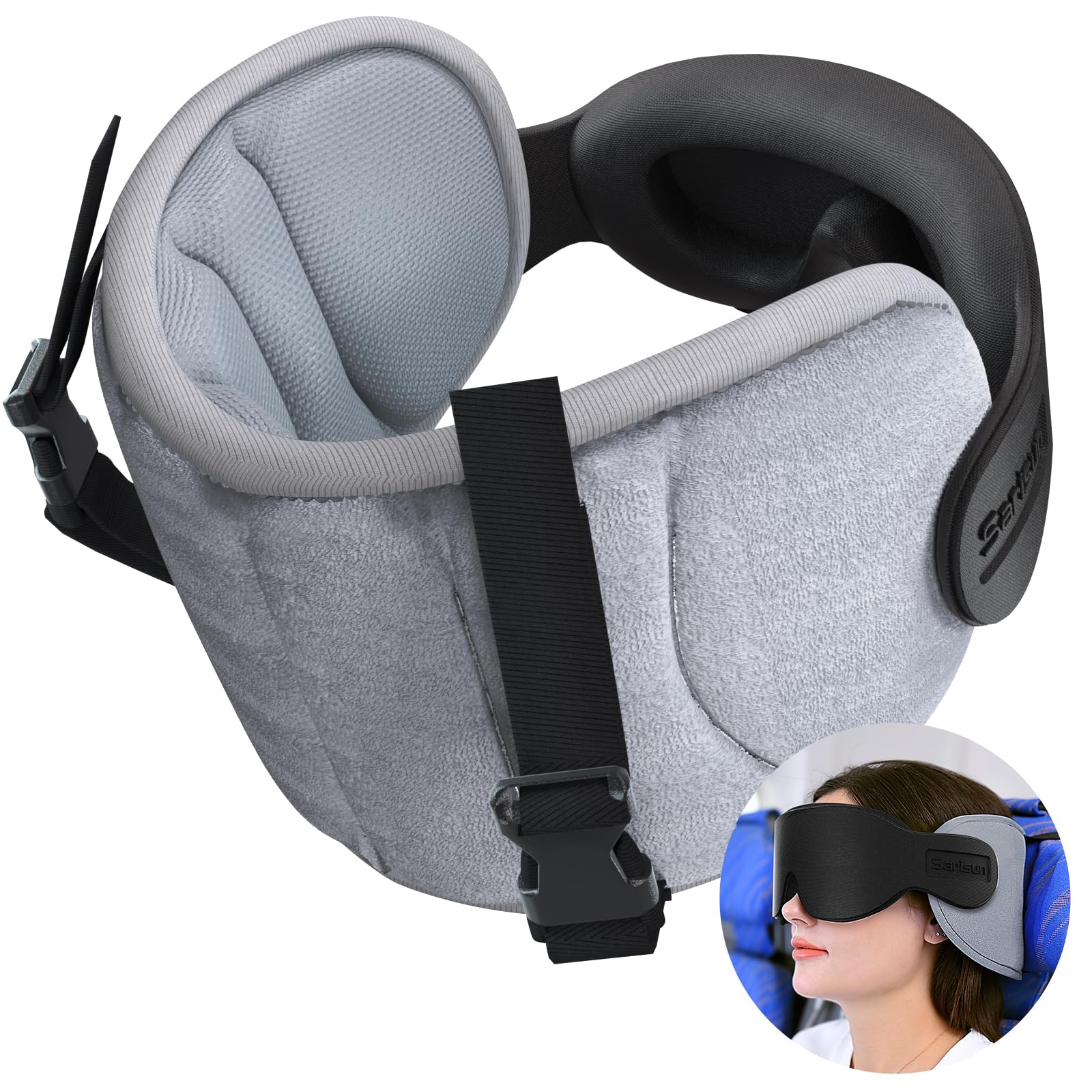 SARISUN Travel Pillow for Airplanes, Neck Plane Pillow for Long Flight, 3D Eye Mask for Sleeping, Portable Travel Headband for Car, Road Trip Car, 360° Support Headrest, Grey