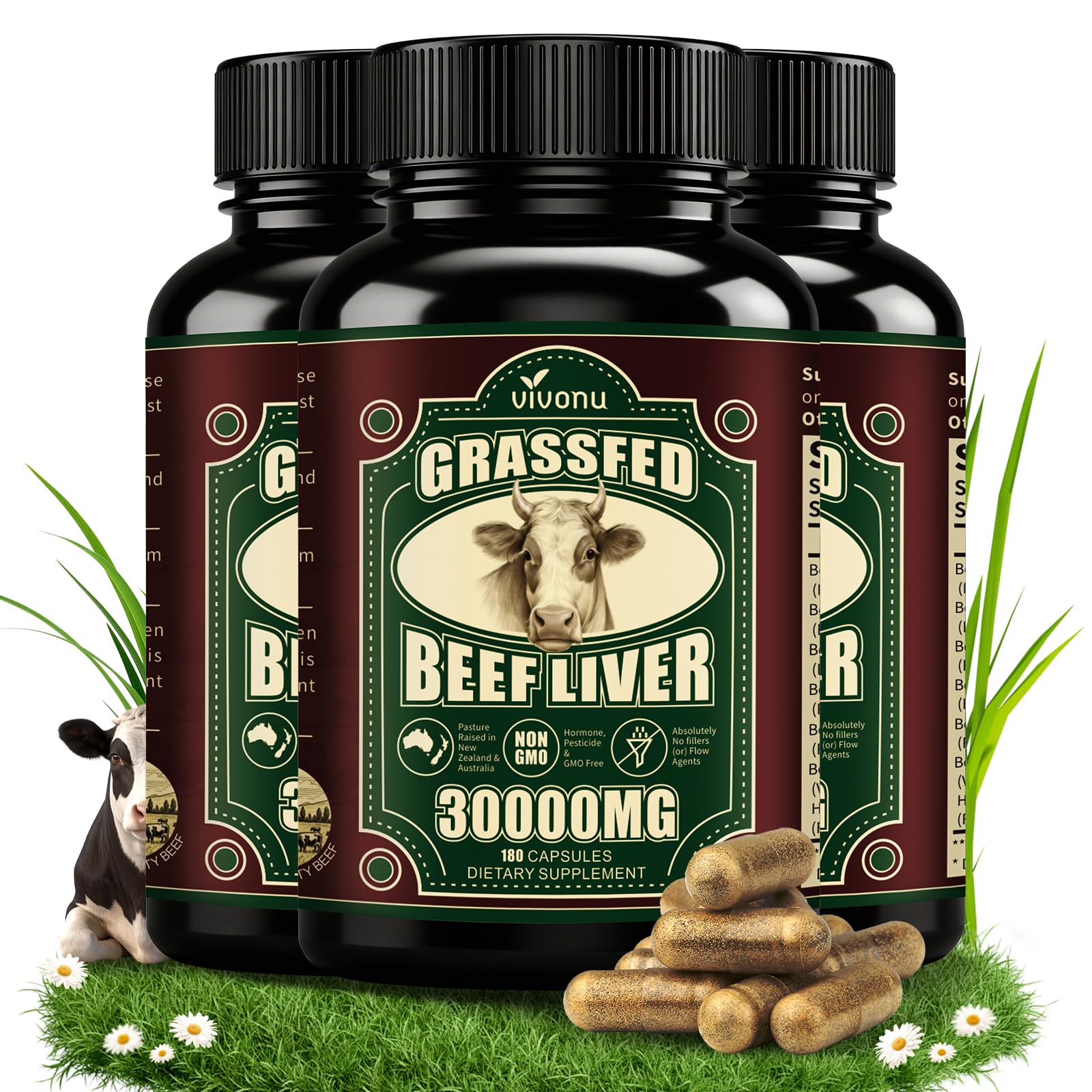VivoNu Beef Organ Supplement for Women, per Serving Beef Organs with Bovine Liver, Ovary, Uterus, Kidney, Heart, Bone &amp; More, 100% Grass Fed, Balance Hormones*, Energy* (540 Capsules)