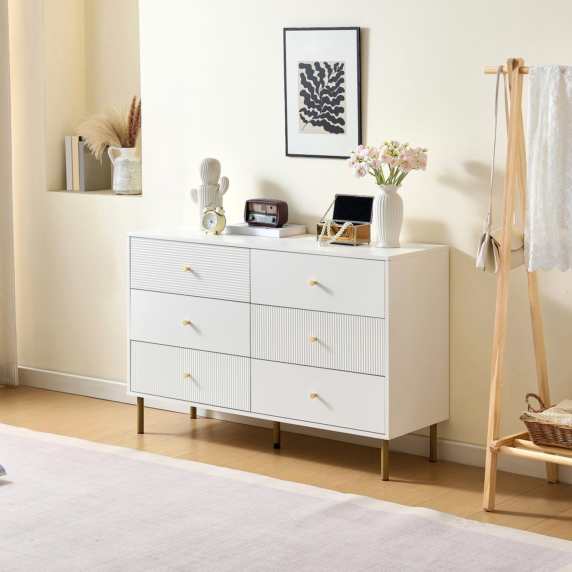 BTM Modernes 6-Schubladen-Kommode, Weiße Aufbewahrungs-Kommode mit Zinklegierung-Griffen & Stahlbeinen, 120×40×78cm MDF-Schrank für Schlafzimmer, Wohnzimmer, Eingangsbereich