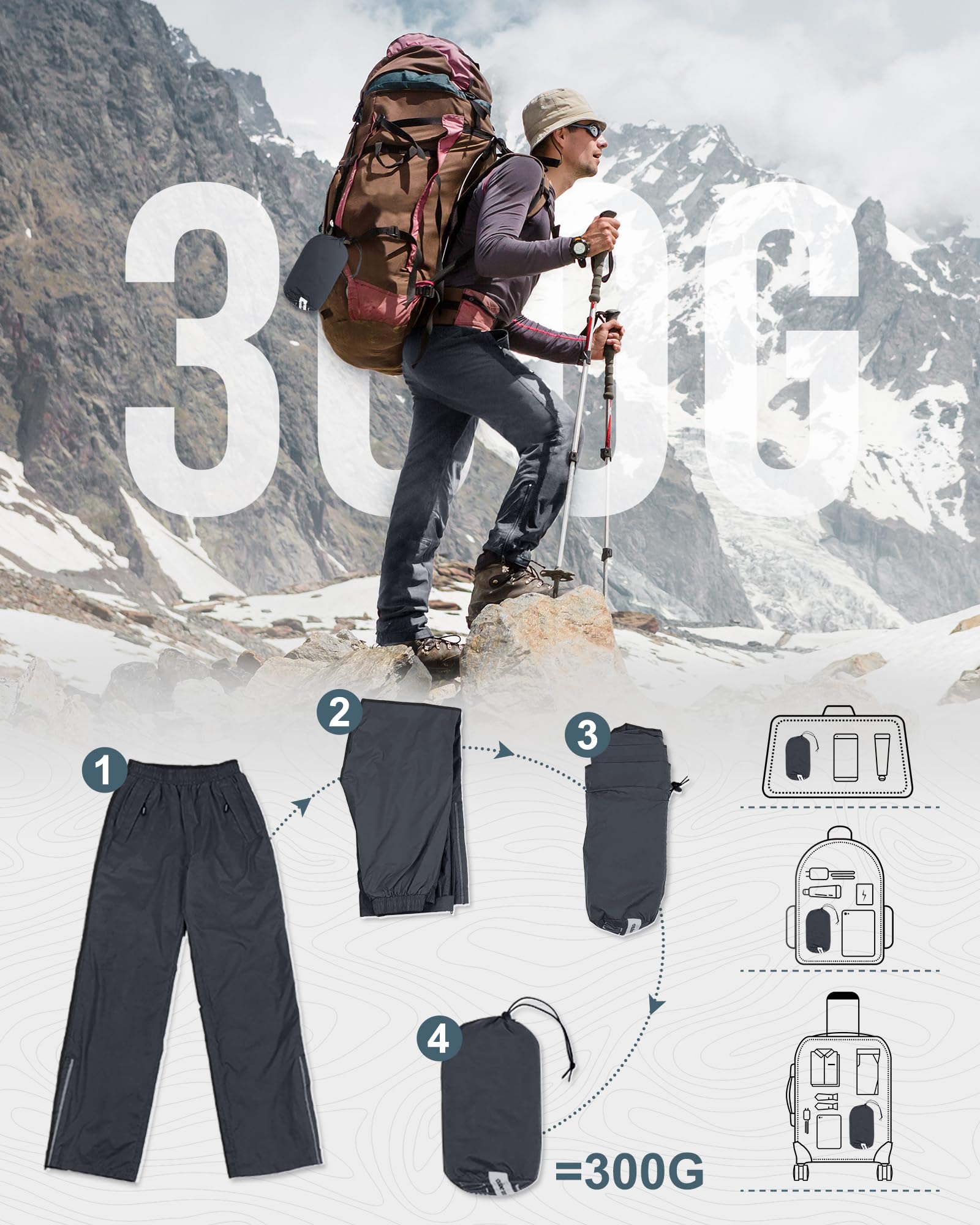 Outdoor Ventures Pantalon de pluie pour homme - Imperméable - Respirant - Coupe-vent - Pantalon de randonnée - Léger - Pliable, gris foncé, W46