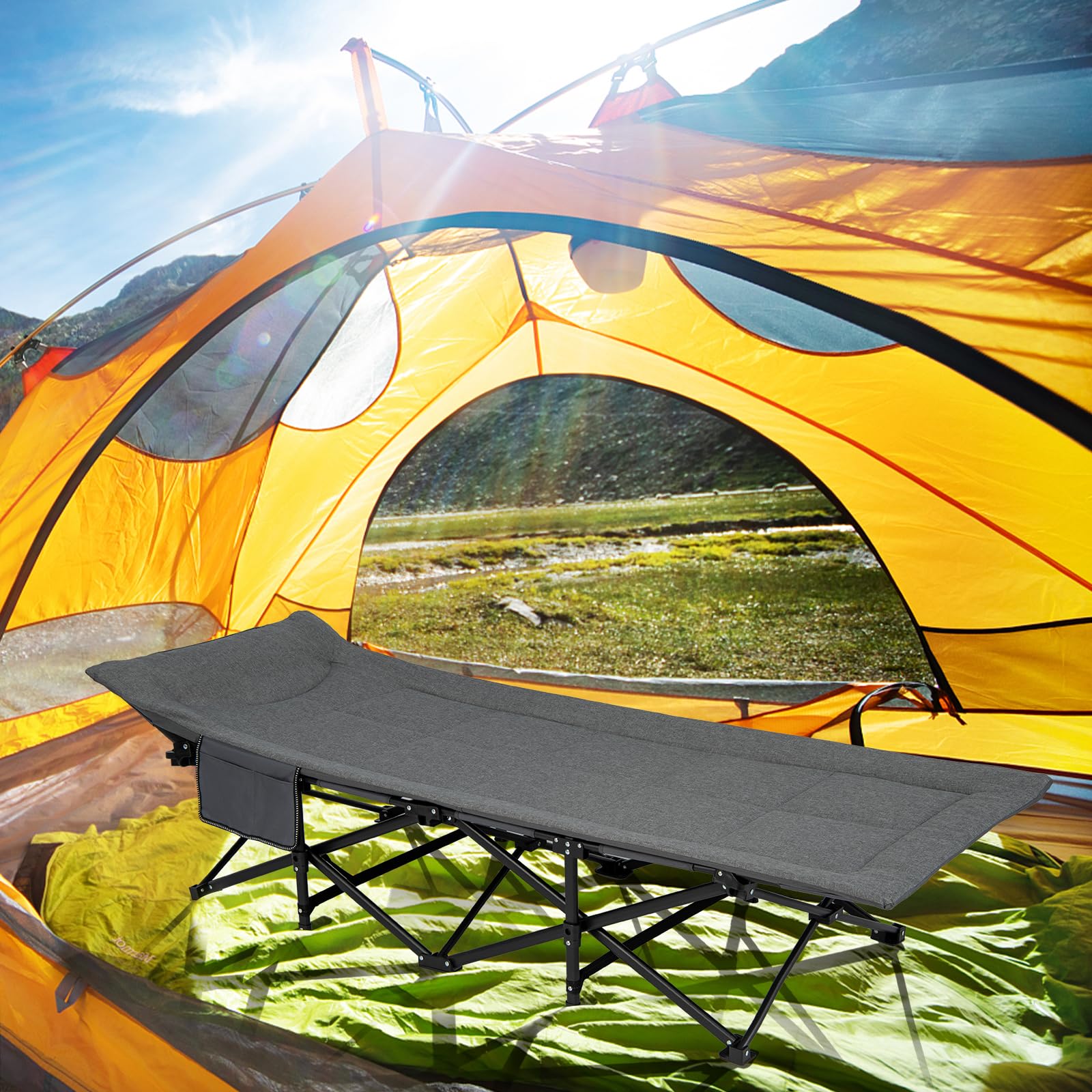 COSTWAY Cama Plegable Camping, Cama Camping con Cojín Cómodo, Reposacabezas y Bolsillo Lateral, Catre Plegable Camping, Bolsa de Transporte, Peso Neto 6,8kg, 190 x 68,5 x 48,5 cm