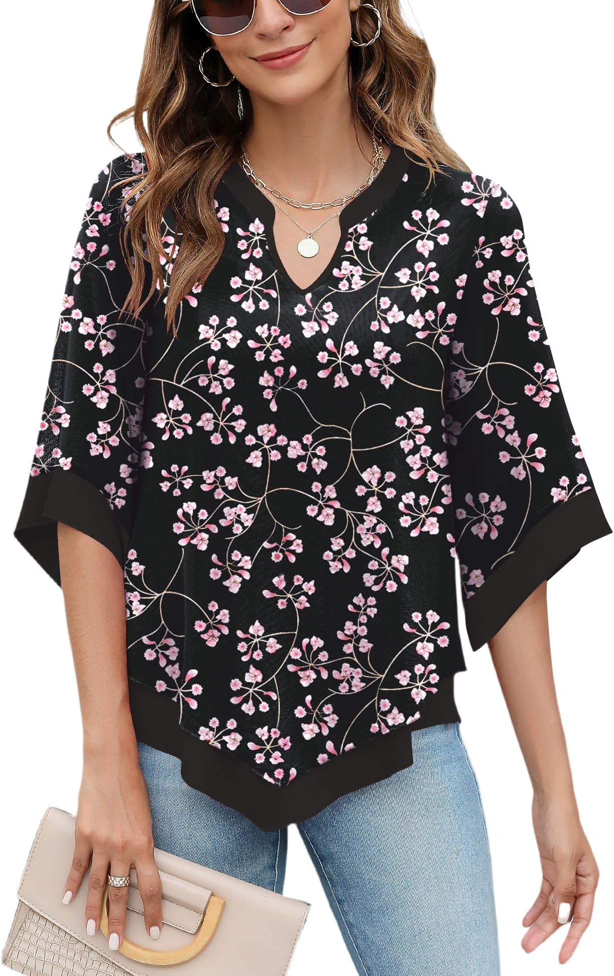 Women Blouses 3/4 Sleeve Chiffon V Neck Double Layer Mesh Shirts Elegant Flowy Tunic Tops