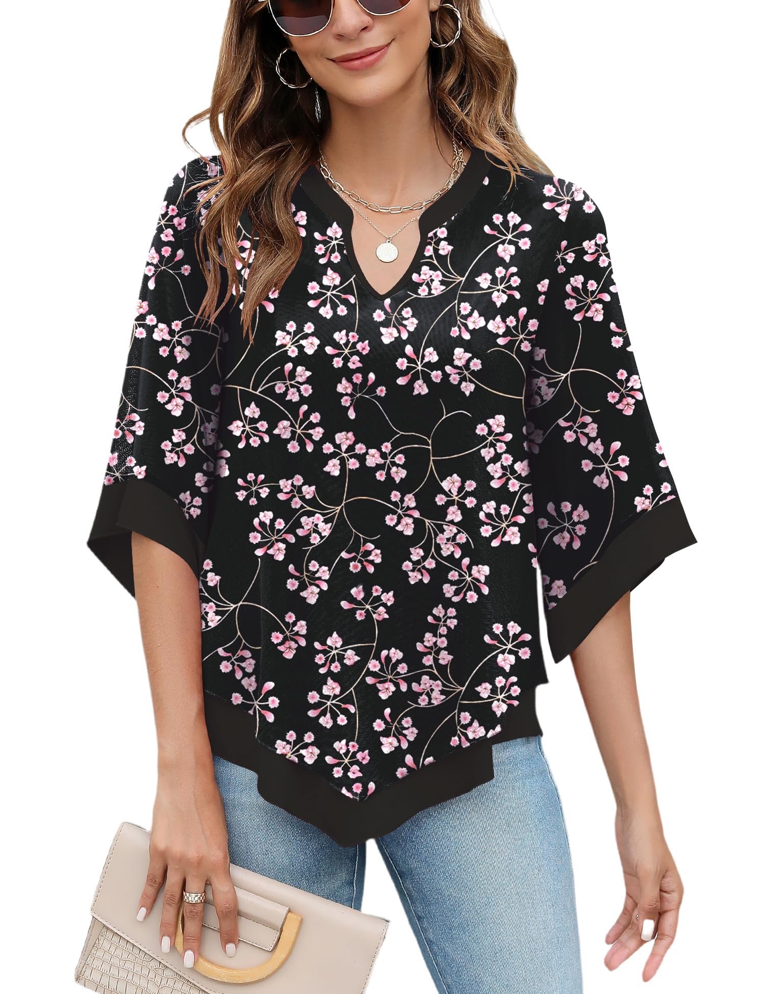 Women Blouses 3/4 Sleeve Chiffon V Neck Double Layer Mesh Shirts Elegant Flowy Tunic Tops