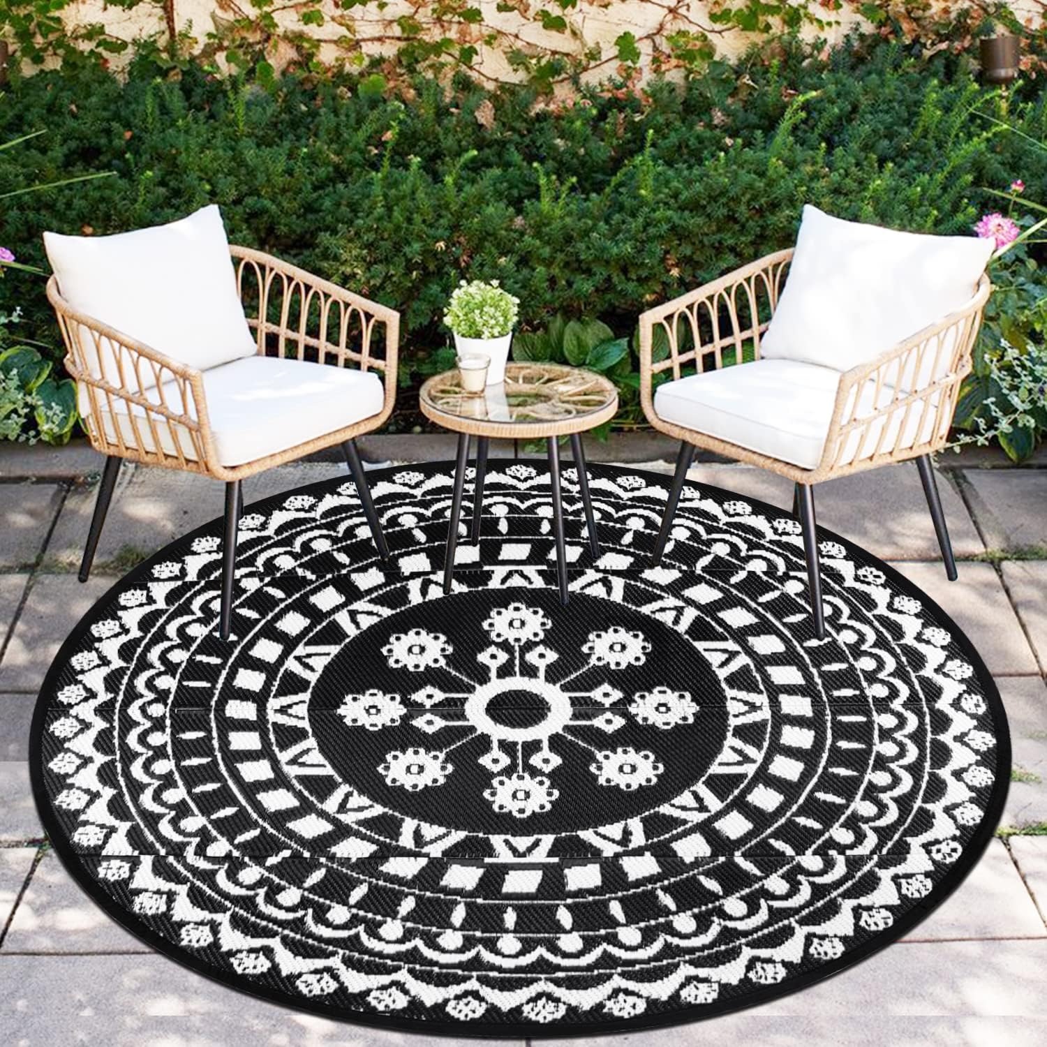 Capslpad Round Outdoor Rug for Patio ∅150cm Reversible Mat Waterproof