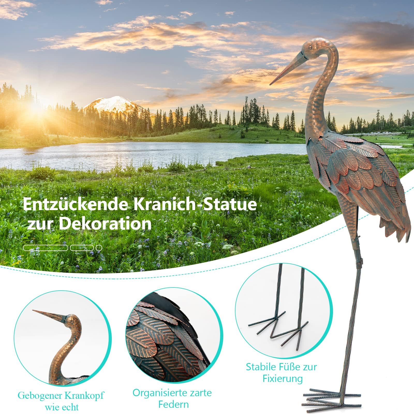 FANTASK 2-teiliges Set Gartenstatuen, Kranich, Kranichskulpturen aus Metall mit wasserdichtem Design und rostresistent, Dekorative Figur für den Außenbereich, Vogelskulptur für Garten und Hinterhof