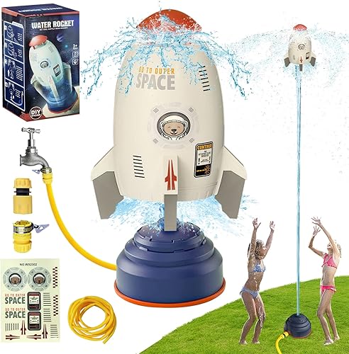 Rociador de cohetes para niños y niños pequeños, juguetes de agua al aire libre, aspersor de cohete aéreo de 360 con tubo de agua de 118 pulgadas,