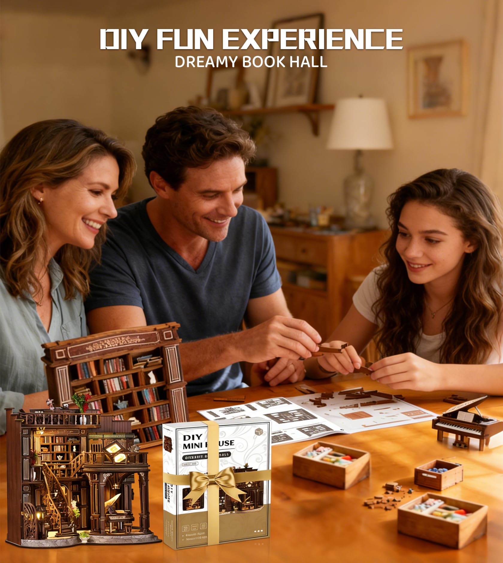 Spilay Miniatur Haus, DIY Miniature House Modellbausatz Mit LED-Licht, Puppenhaus Holz Tiny House, Kreativer Geschenk für Erwachsene Weihnachten Valentinstag Geburtstag (Dreamy Book Hall)