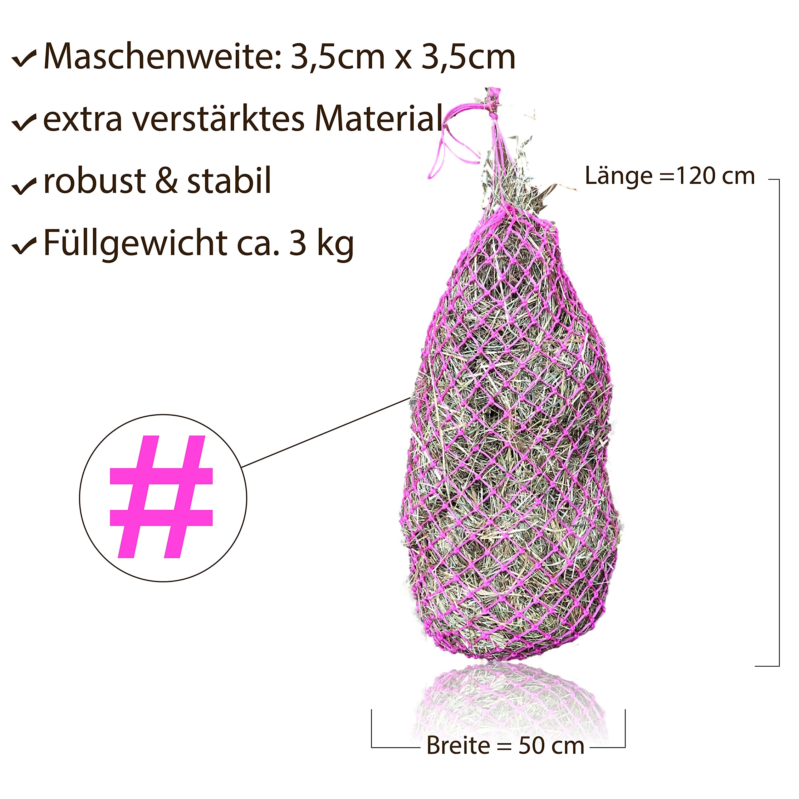 Rete per fieno per cavalli, a maglie strette, larghezza maglia 3 x 3 cm, peso di riempimento 3-4 kg (2 rosa)