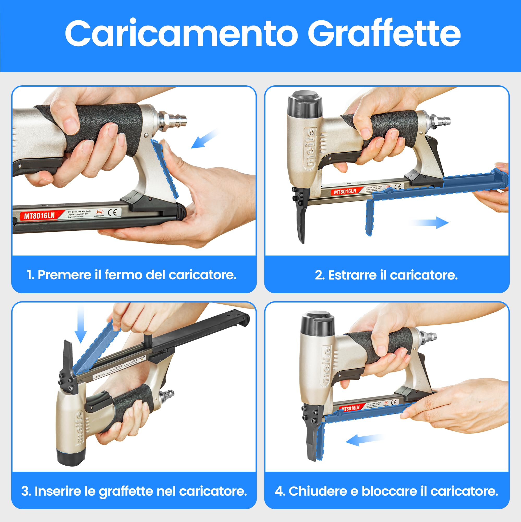 meite MT8016LN Graffettatrice Pneumatica a Naso Lungo, Sparachiodi ad Aria Compressa per Tappezzeria e Lavorazione del Legno, 21GA Tipo 80, Graffette 6–16 mm per Falegnameria e Fai da Te