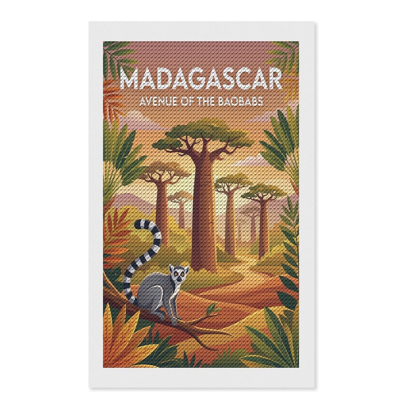 Junmoney Madagascar Avenue of The Baobabs Lemur DIY Diamond Art Canvas Kit 12"x20", for Teens, Finish and Display, Holiday Gift Idea, Vintage Style Decor
