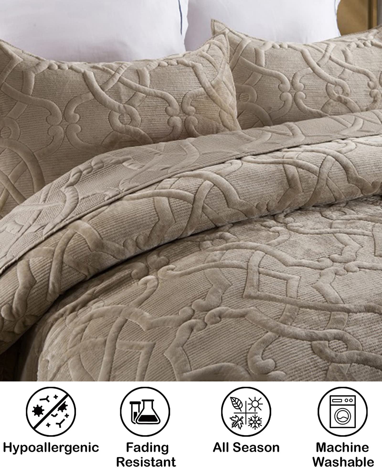 KISKIS Faux Velvet Quilted Bedspread, Coverlet Set Geometric Stitching Design, Warm Quilt Set All Season, 2 Pillowcases,Brown,King 106x92