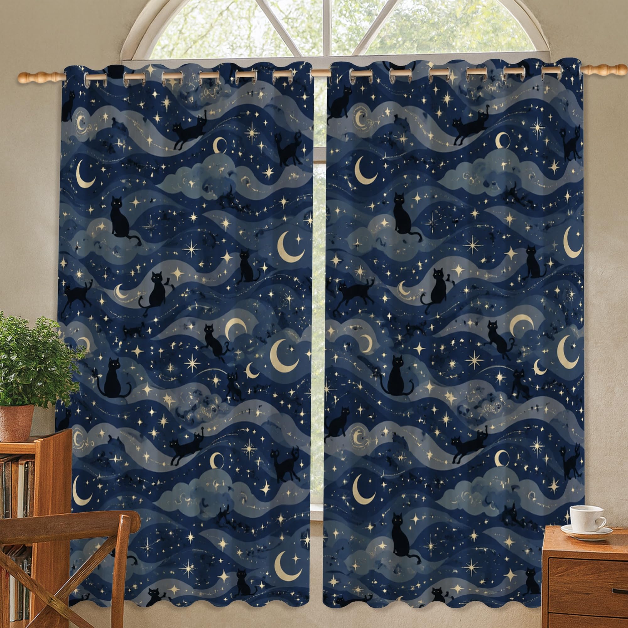 Rideau occultant bleu marine chat pour ambiance cocooning de salon