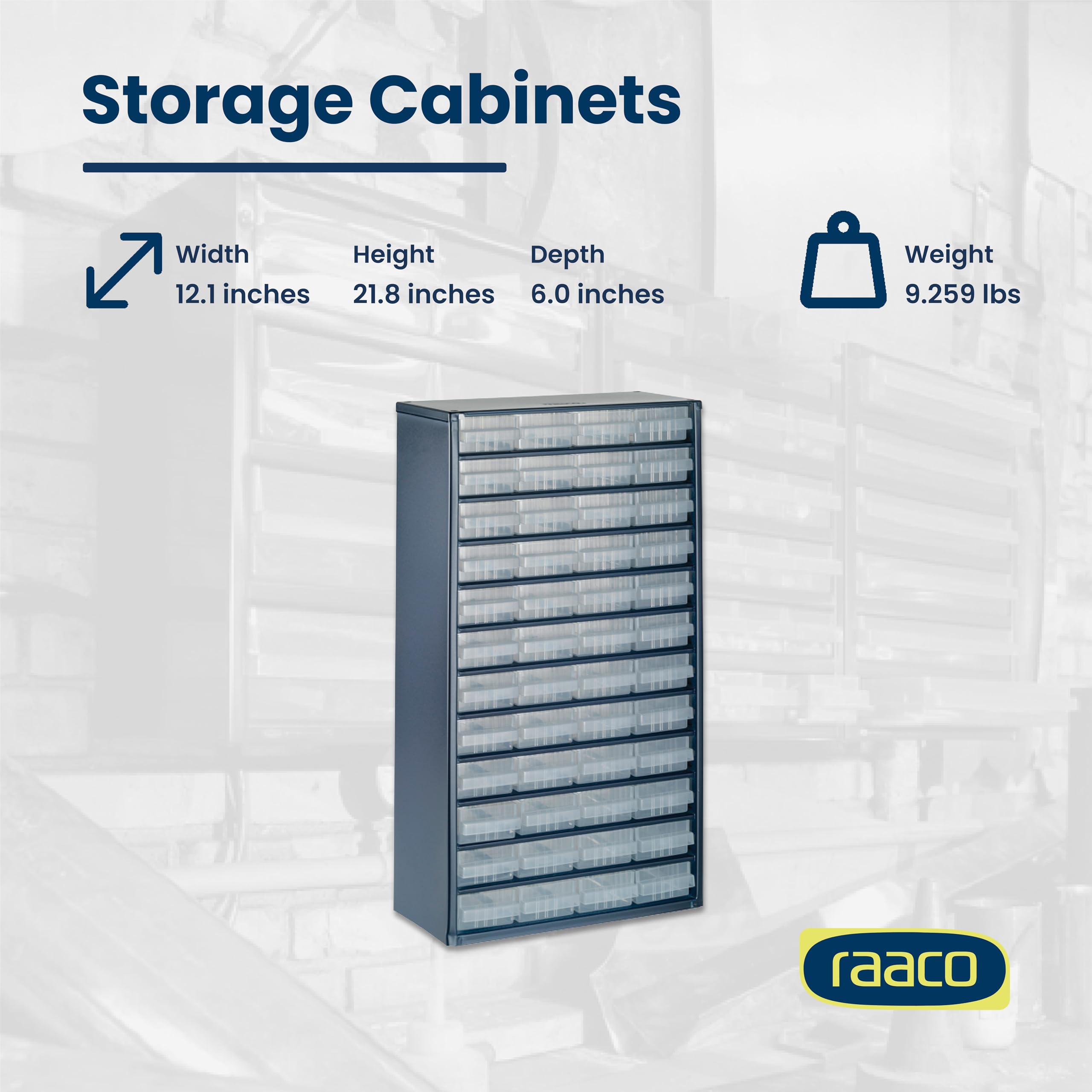 Raaco Cassettiera Porta Minuteria C12-48, 39.6 kg Capacità, 15 x 30,6 x 55.2 cm, 48 Cassetti Trasparenti, Cassettiera Attrezzi in Acciaio per Officina, Organizer Minuteria da Parete