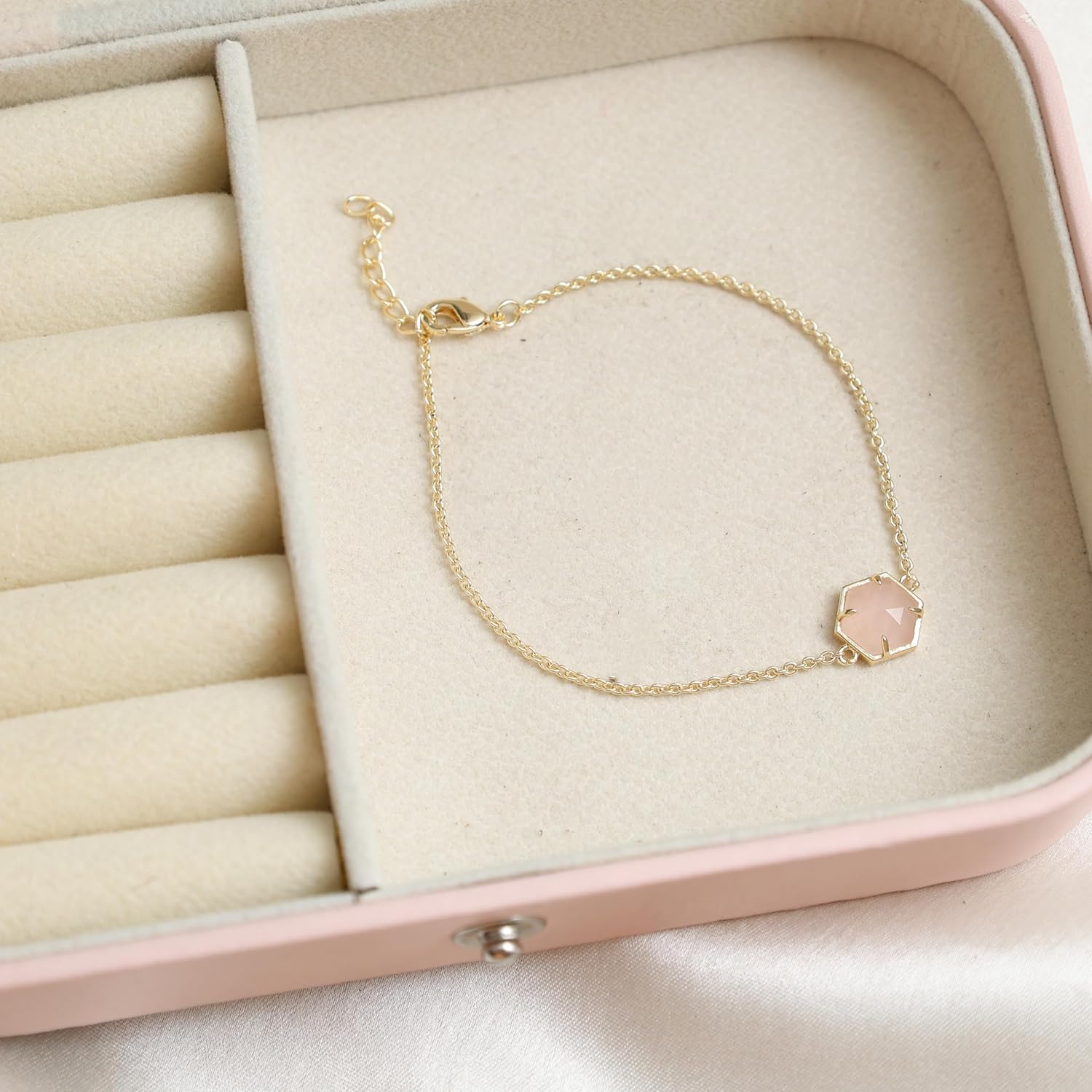 Gempires Hexagon Gemstone Bracelet for Women | Natural Crystal Jewelry with 14K Gold Plated Hypoallergenic Chain | Adjustable 7+1 Inch Minimalist Healing Stone Bracelet | Rose Quartz, Labradorite, Lapis, Amazonite, Moonstone & More - Image 4