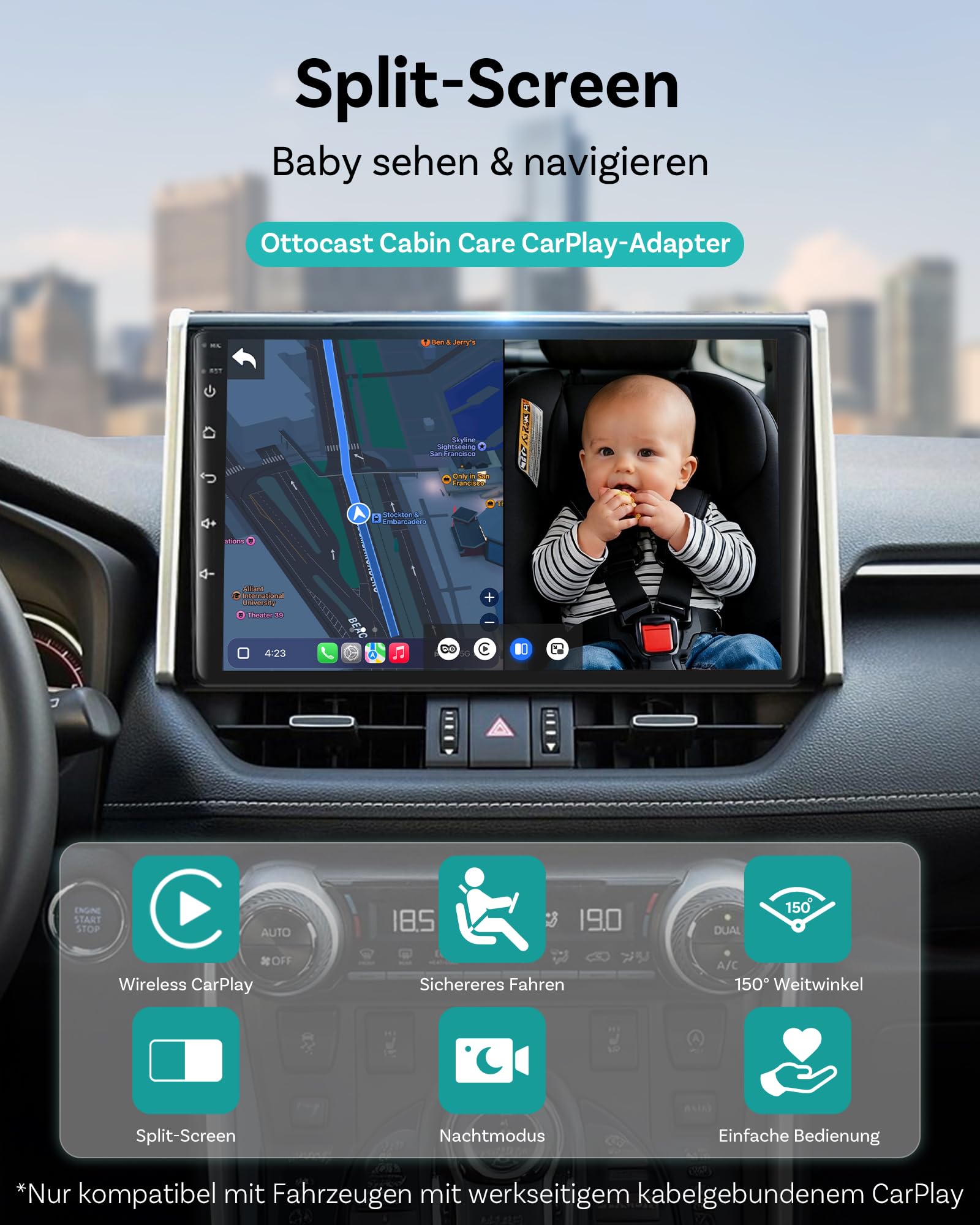 Ottocast Cabin Care CarPlay Adapter 2026, Ottocast Mini Caméra Siège Arrière 1080P, USB-A Plug & Play, Uniquement pour CarPlay Filaire d’Origine
