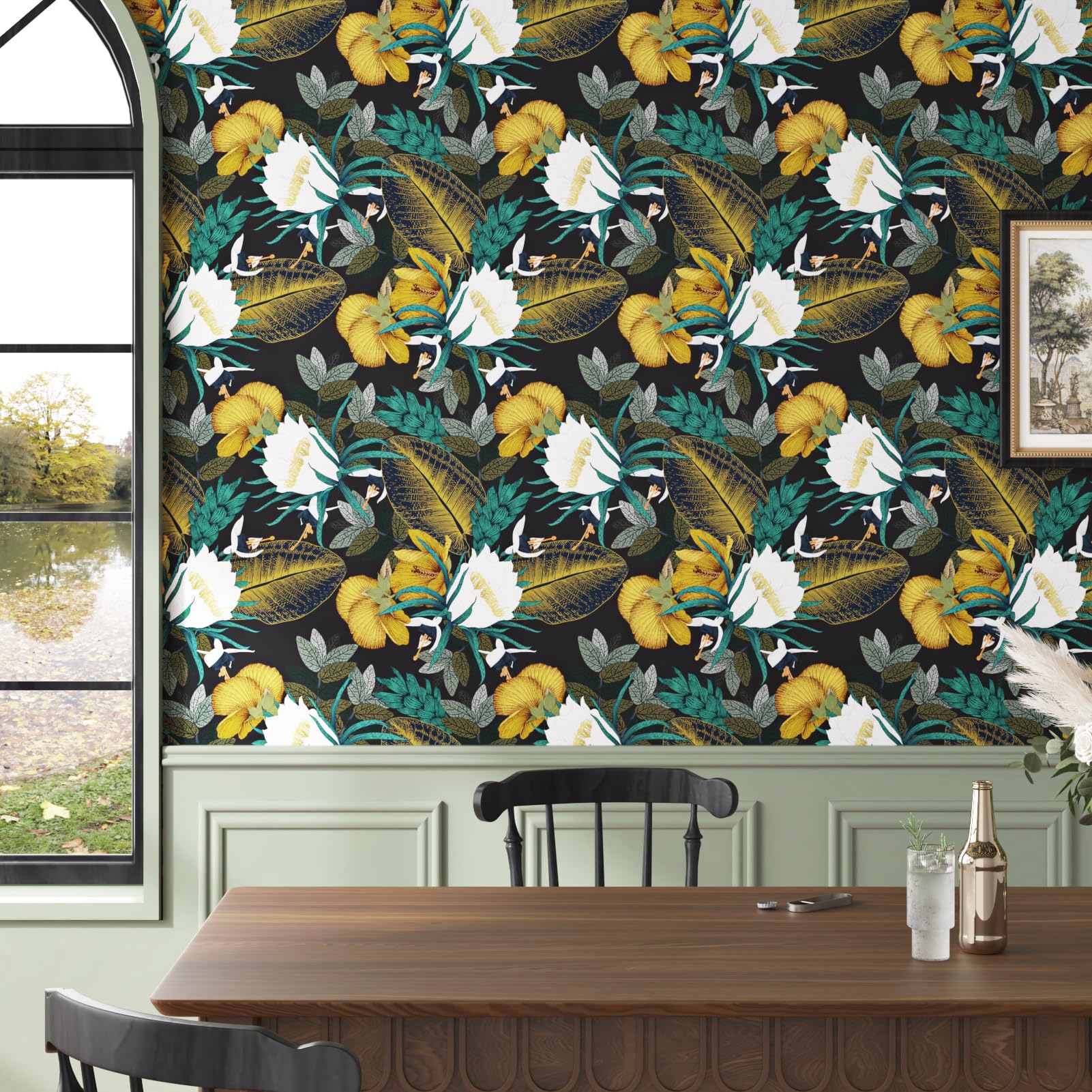 Wallderful Black Floral Peel and Stick Wallpaper Self Adhesive Vintage Tropical Leaf Wallpaper Matte Waterproof Removable Black and Gold Contact Paper