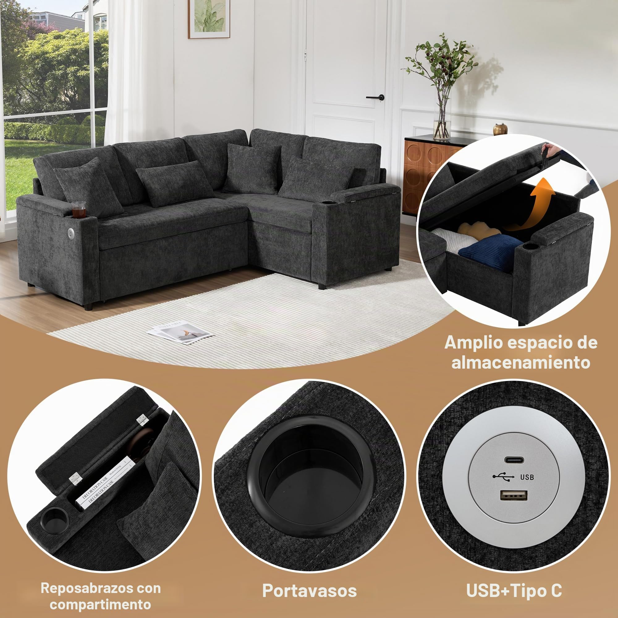 Bladez Sofá cama extensible en forma de L de chenilla de terciopelo chaise longue con espacio de almacenamiento, soporte para bebidas, puerto de carga USB, reposabrazos para sala de estar (gris-A)