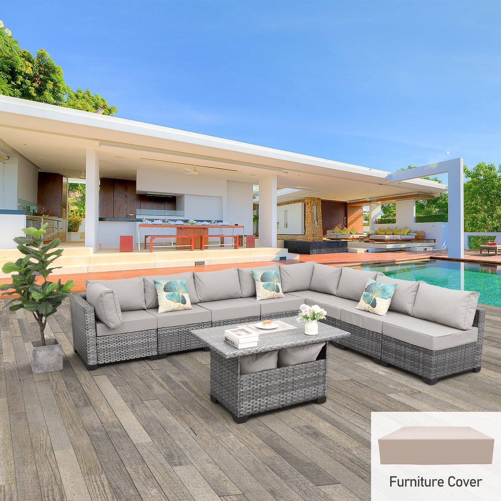 Rattantree 9-Piece Rattan Garden Furniture Set - Dining Table, 4 Armchairs, 4 Stools, Glass Top Table For Porch, Patio, Poolside