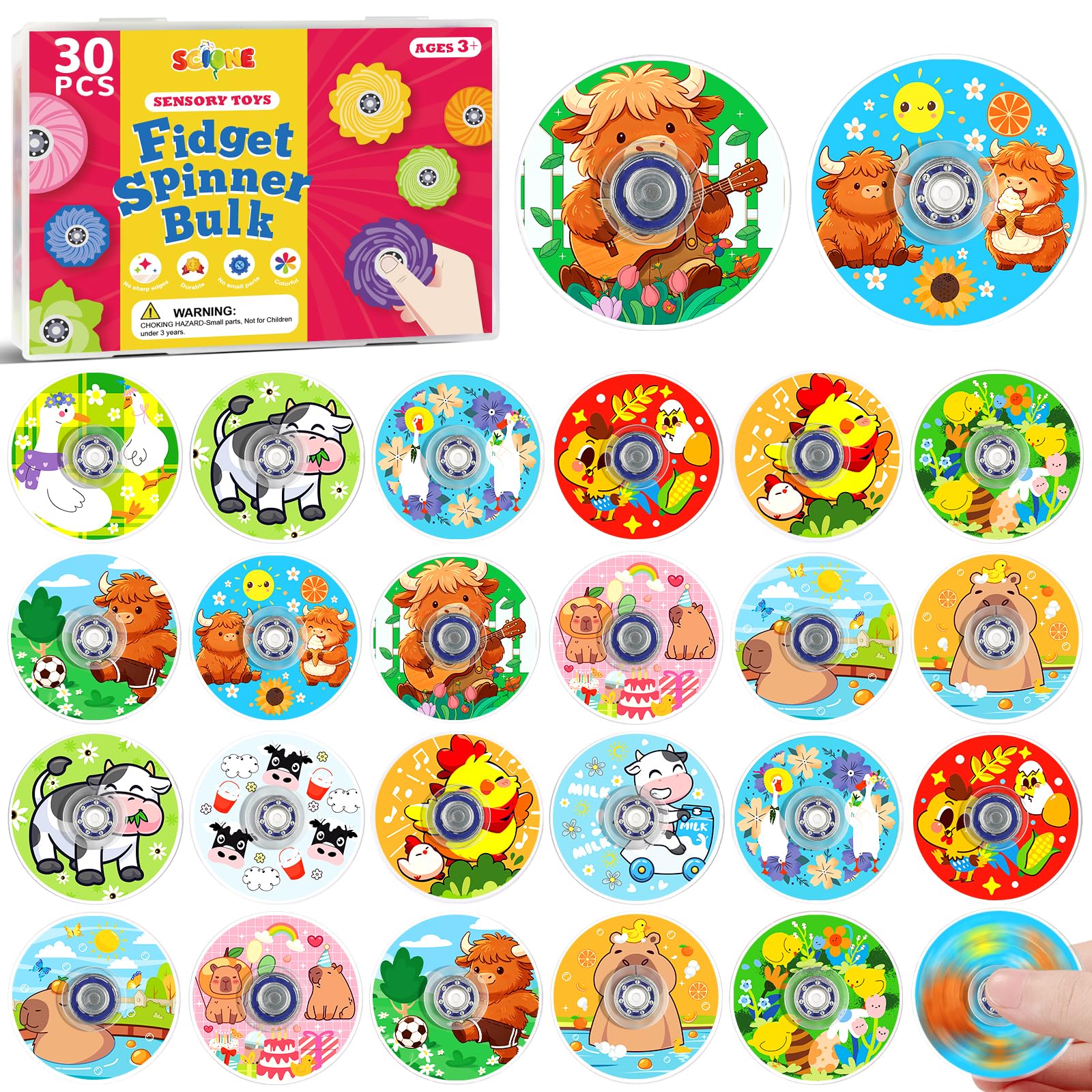 SCIONE 30 Pcs Mini Fidget Spinners Cute Animal Party Bag Fillers Kids Toy
