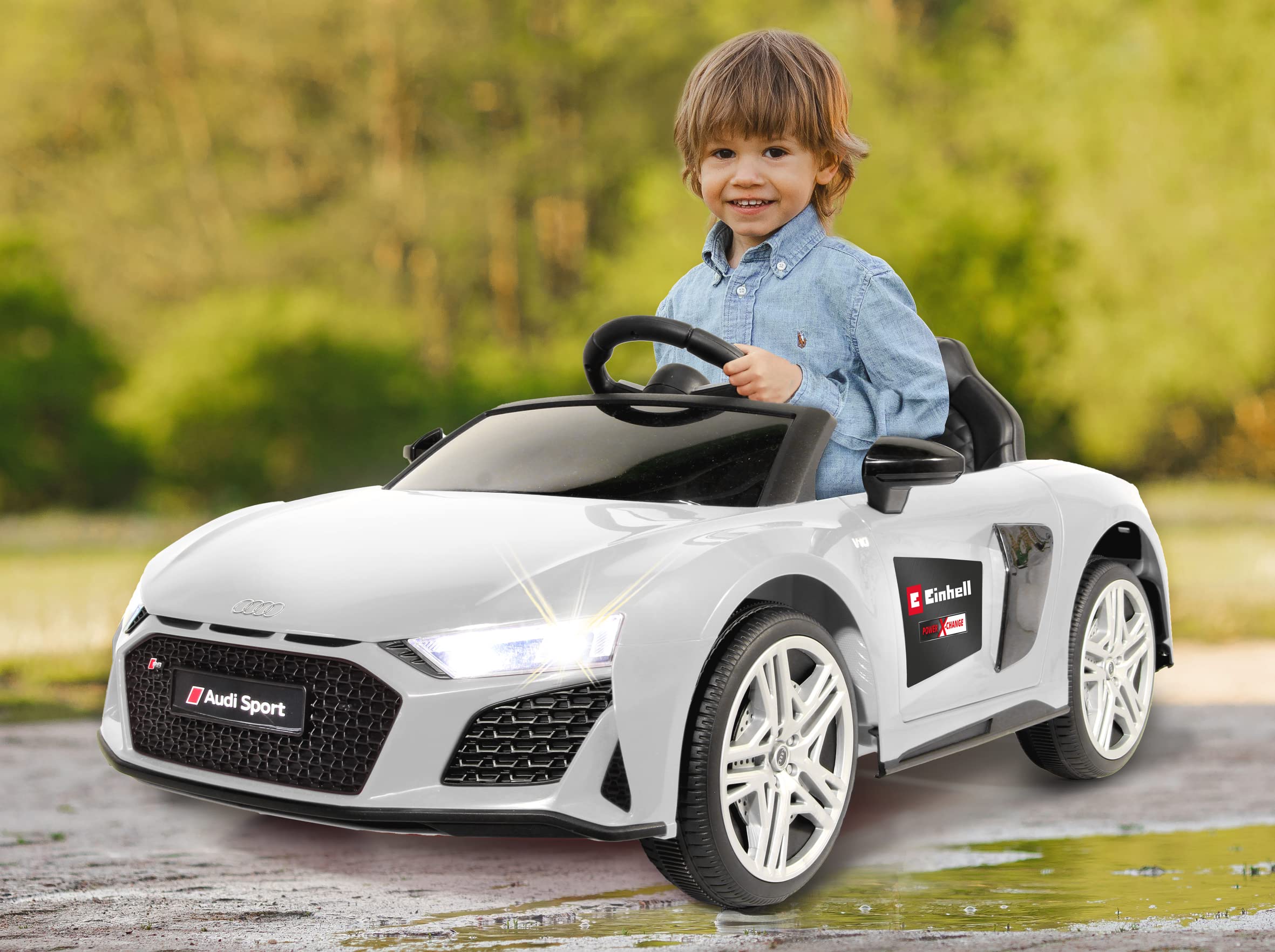 Jamara 460914 -Ride-on Audi R8 Bianco 18V Versione Einhell - Licenza Ufficiale, Suoni, Musica, Luci, 2 Ruote Motrici, Sistema di Batterie con Cambio Rapido