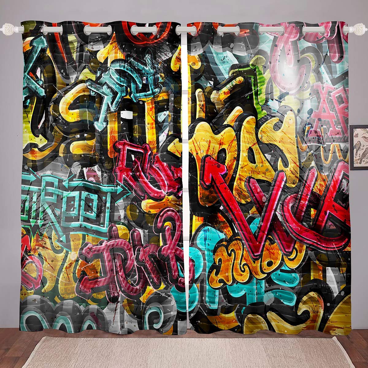 Hippie Graffiti Window Curtain Boys Teens Hip Hop Street Culture Curtains for Bedroom Kids Youth Wall Graffiti Art Blackout Curtains Graffiti Pattern Darkening Thermal Drapes W66*L90,2 Panel Set