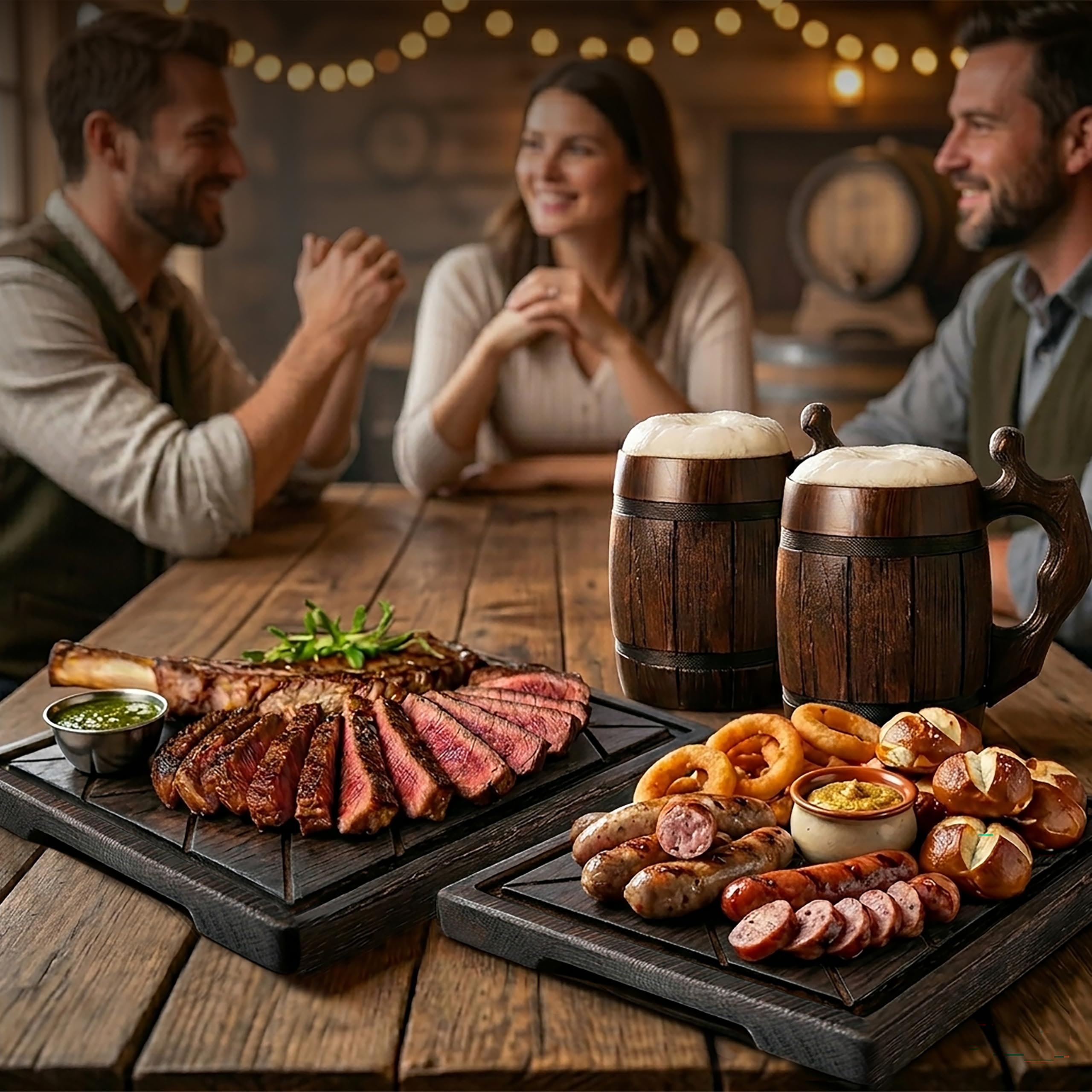 Juego de 6 tazas de cerveza hechas a mano de madera de acero inoxidable natural para hombre, diseño de barril redondo marrón