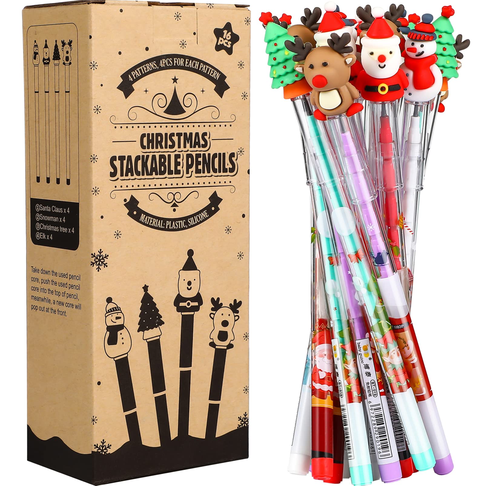 NUOBESTY 16Pcs Christmas Pencil with Eraser Christmas Eraser Stationery Stacking Tip Pencils for Xmas Stocking Filler Party Bag Fillers