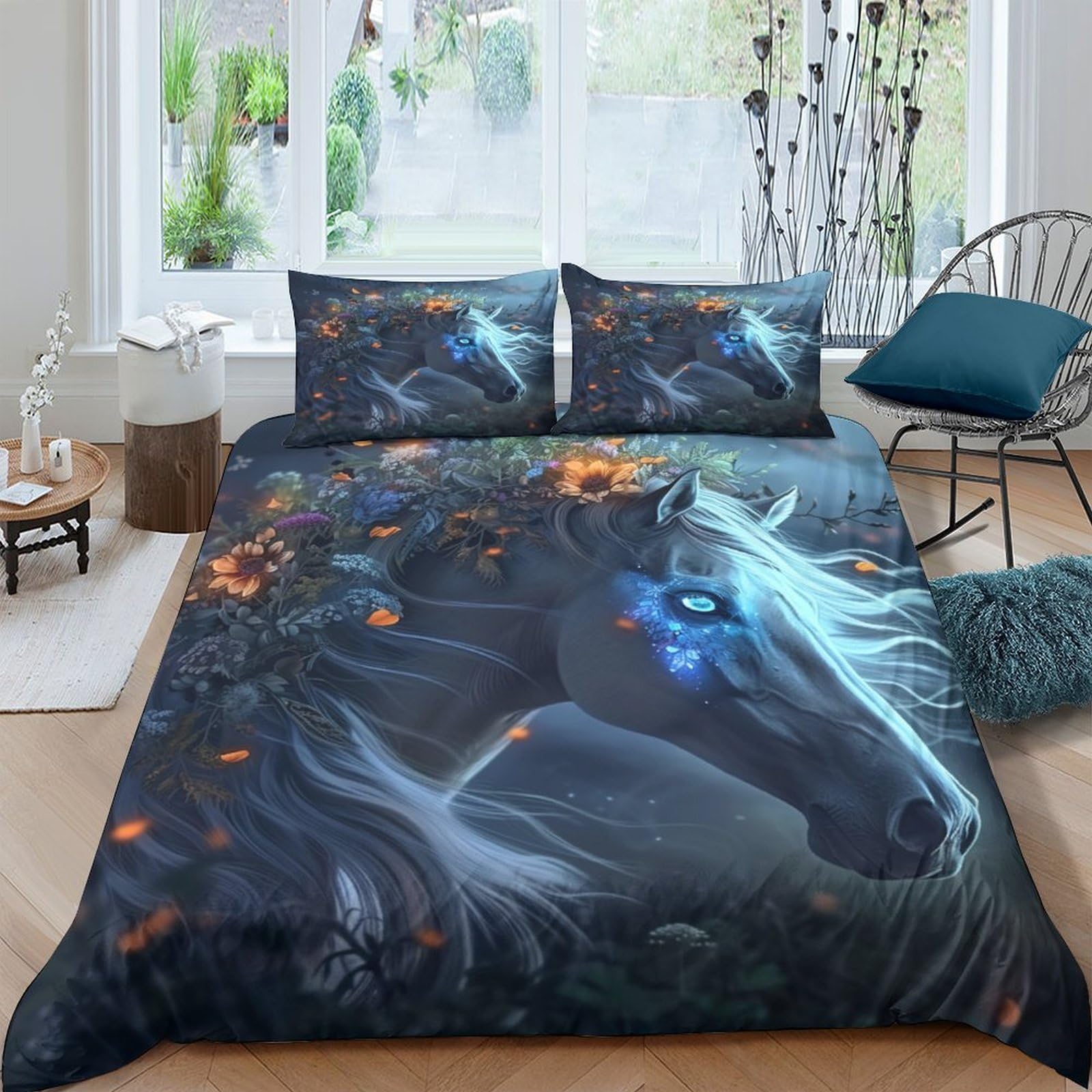 Ctjqhvkz Style-4 3D Printed Mystic Unicorn Fitted Sheet Microfiber Soft Dark Fantasy Forest Mattress Cover Bedroom Decor Single（135X200cm）