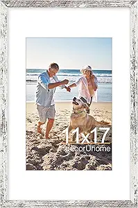 decorUhome 11x17 Picture Frame, Display Pictures 8x12 with Mat or 11x17 without Mat, Wall Hanging Poster Frame, Distressed White, 1 Pack